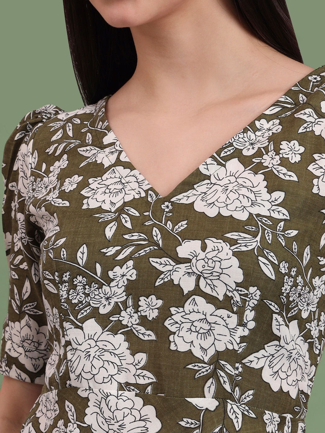 Puff Sleeves Cotton Knee Length Dress