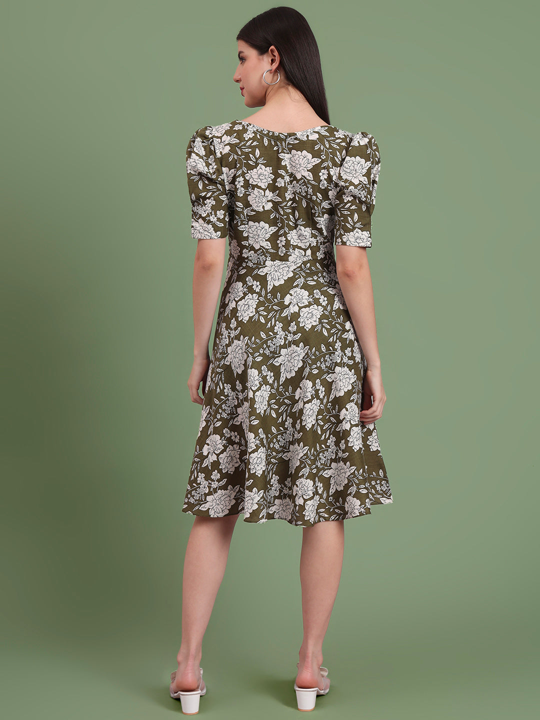 Puff Sleeves Cotton Knee Length Dress