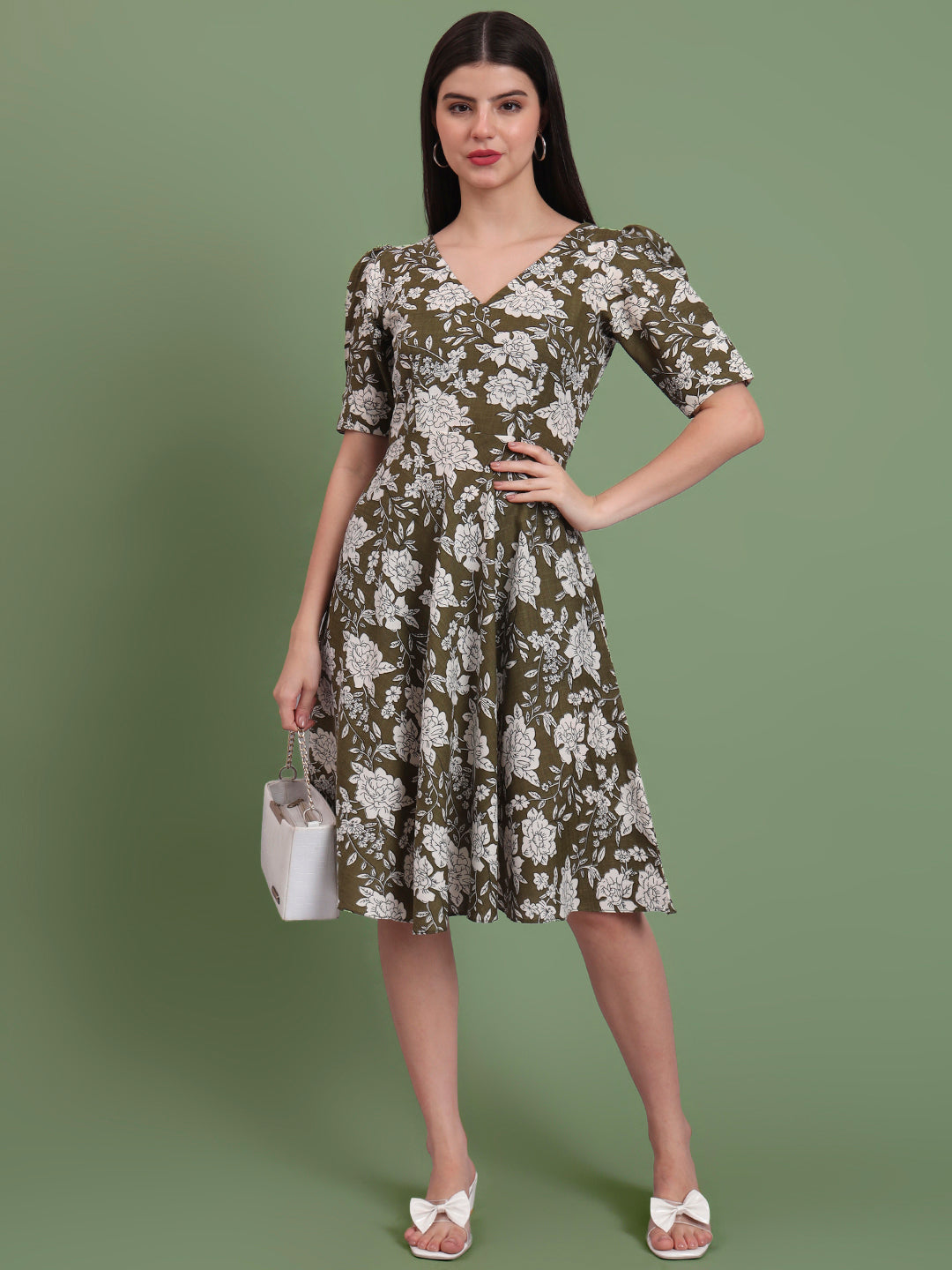 Puff Sleeves Cotton Knee Length Dress