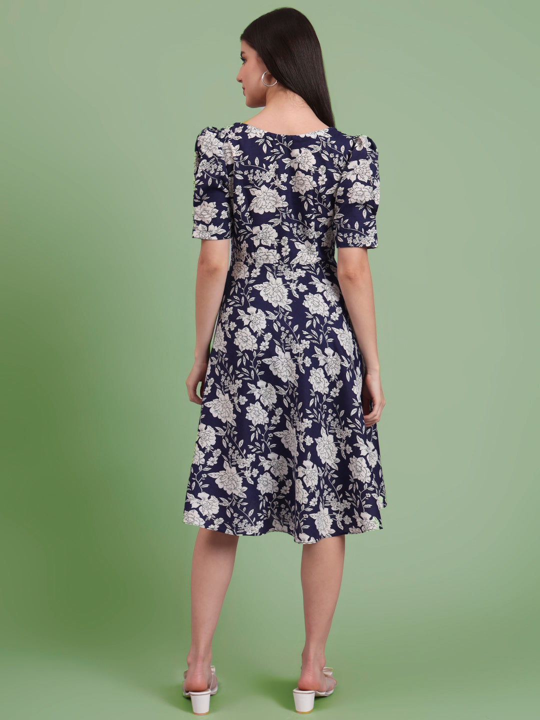 Puff Sleeves Cotton Knee Length Dress