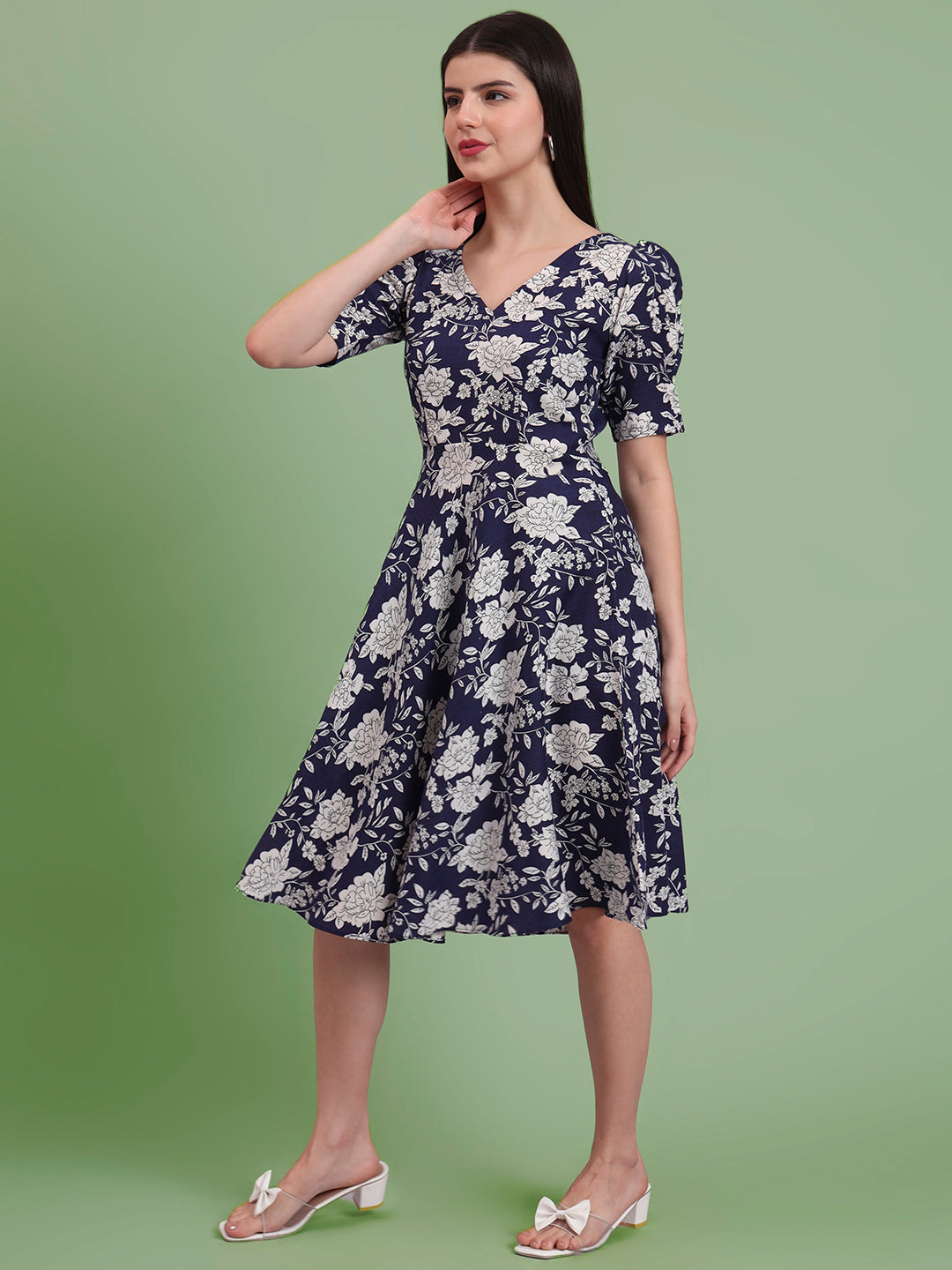 Puff Sleeves Cotton Knee Length Dress