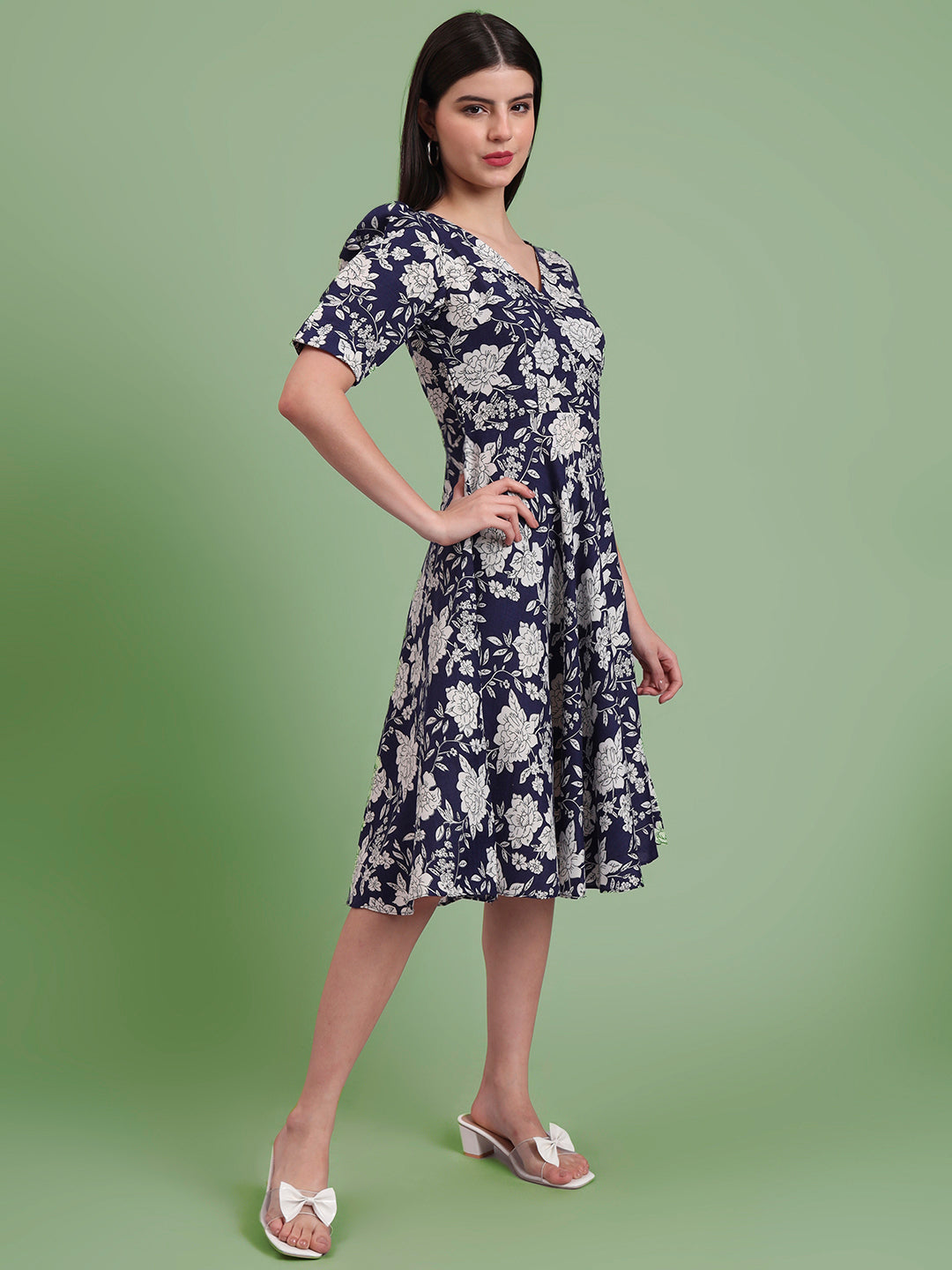 Puff Sleeves Cotton Knee Length Dress