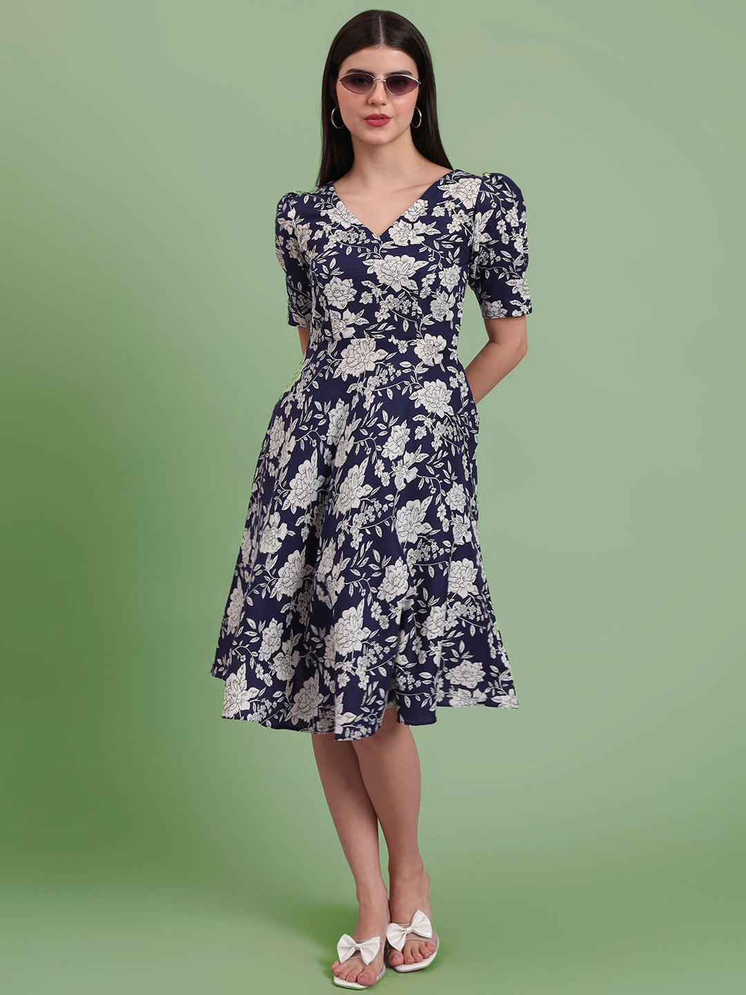 Puff Sleeves Cotton Knee Length Dress