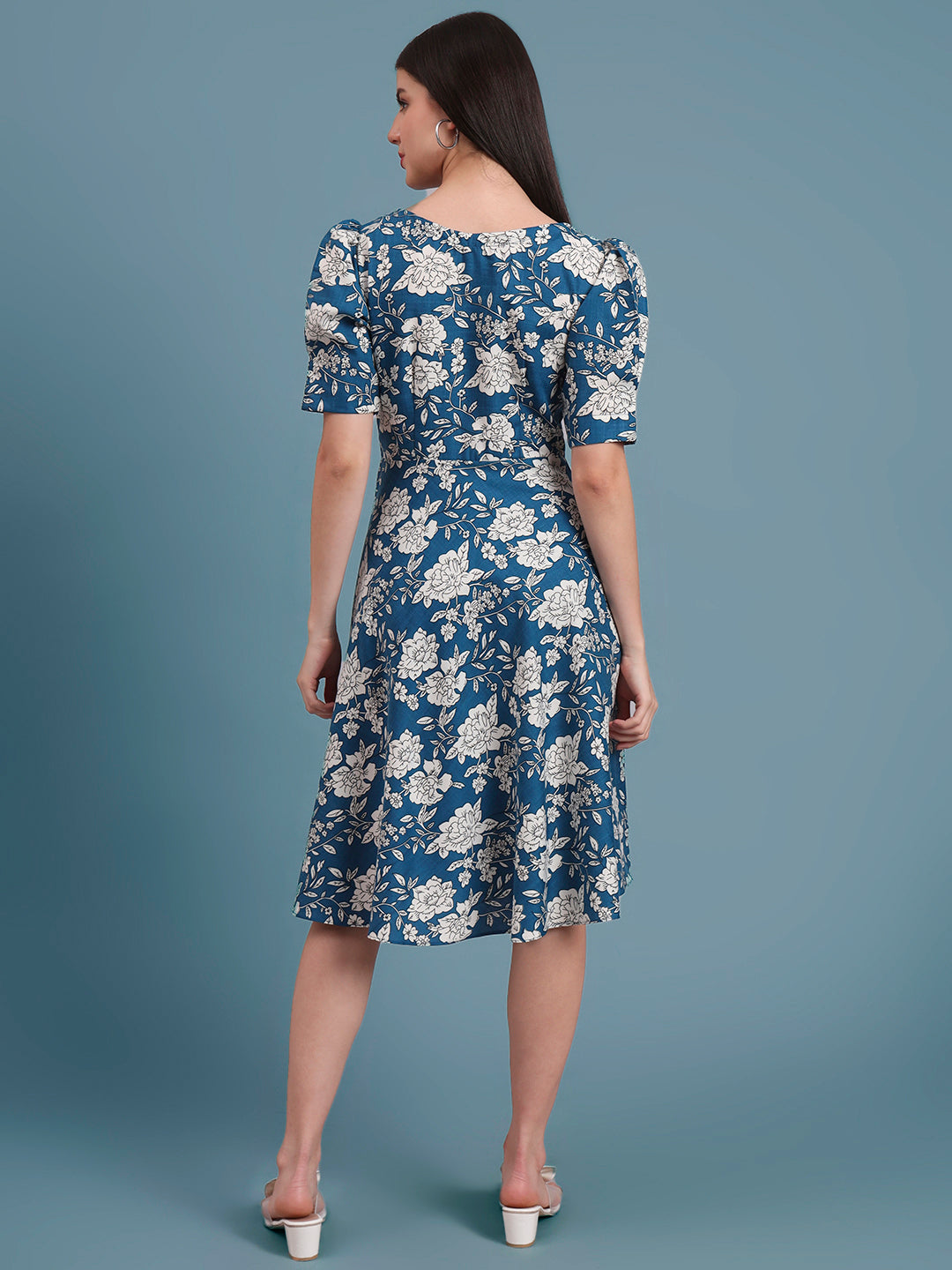 Puff Sleeves Cotton Knee Length Dress