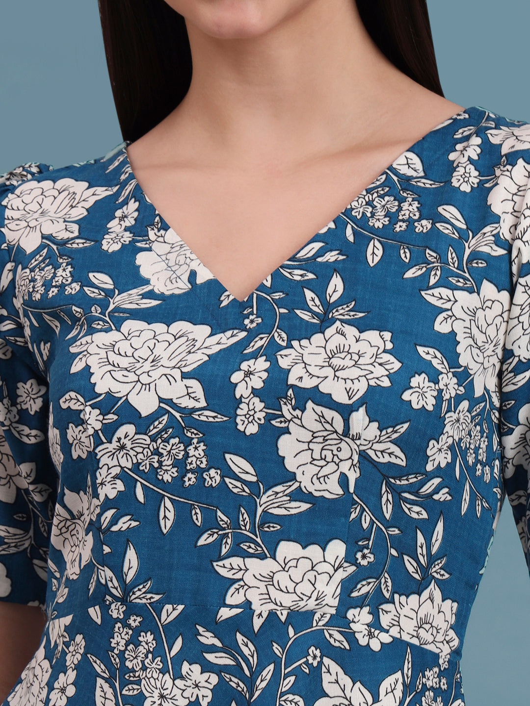 Puff Sleeves Cotton Knee Length Dress