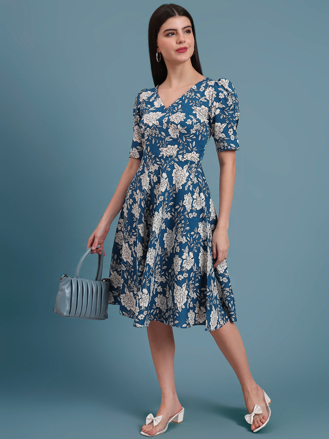 Puff Sleeves Cotton Knee Length Dress