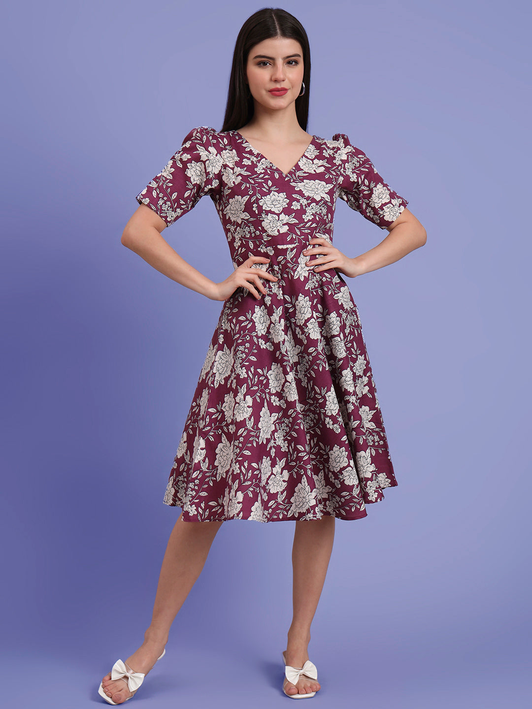 Puff Sleeves Cotton Knee Length Dress