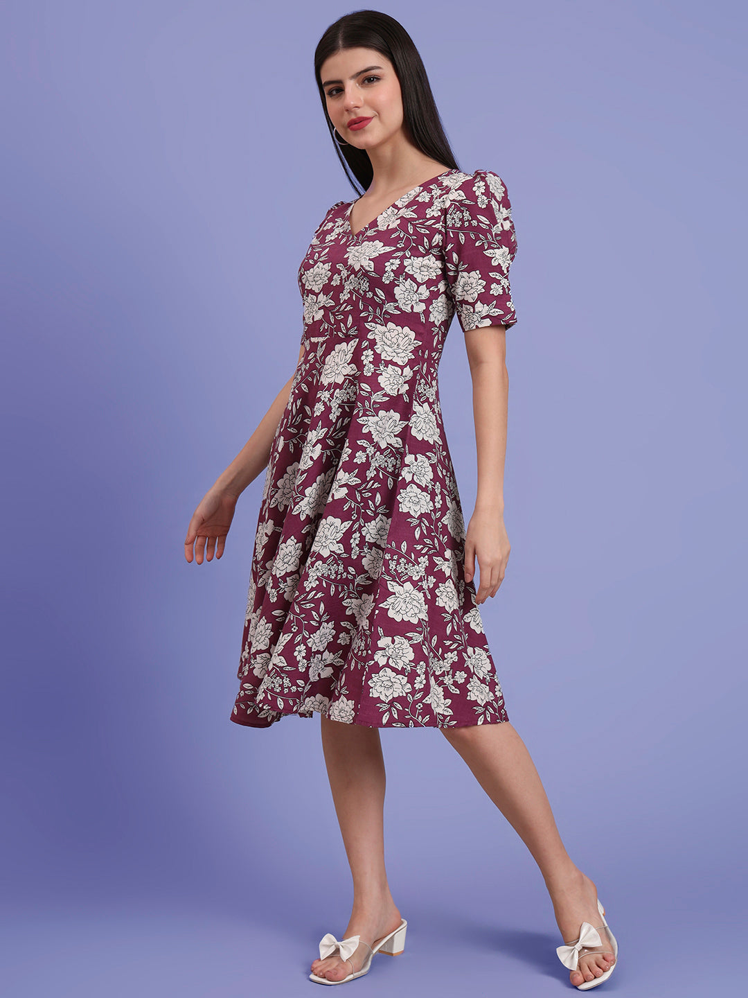 Puff Sleeves Cotton Knee Length Dress