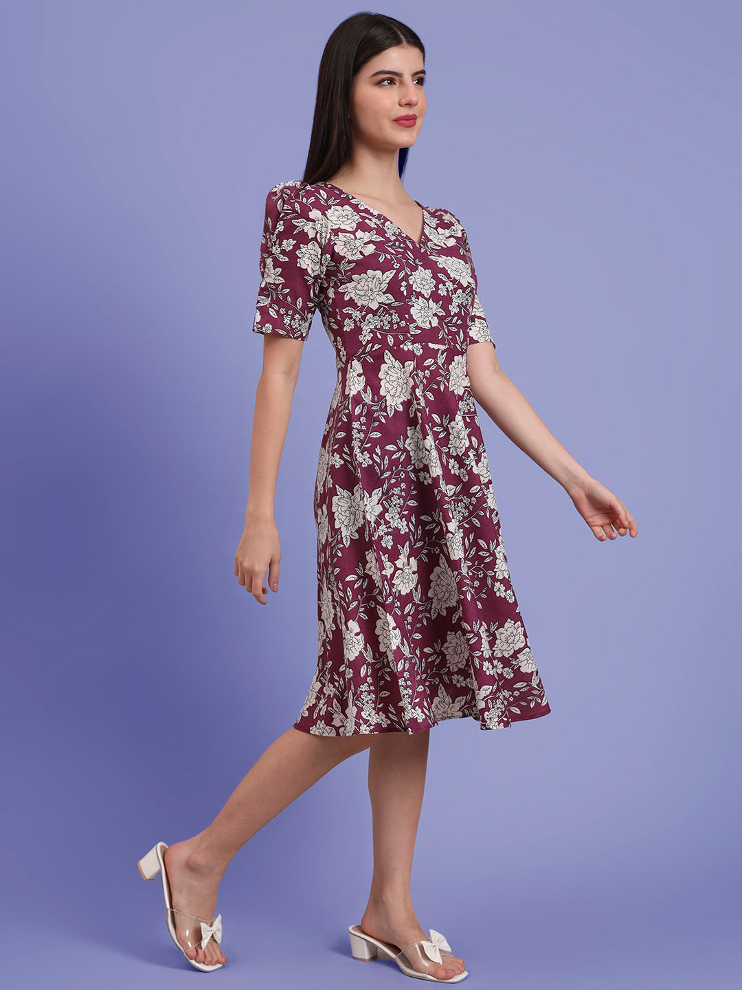 Puff Sleeves Cotton Knee Length Dress