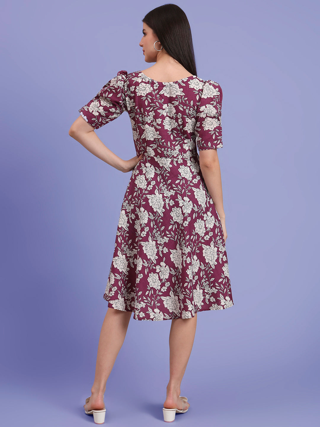 Puff Sleeves Cotton Knee Length Dress