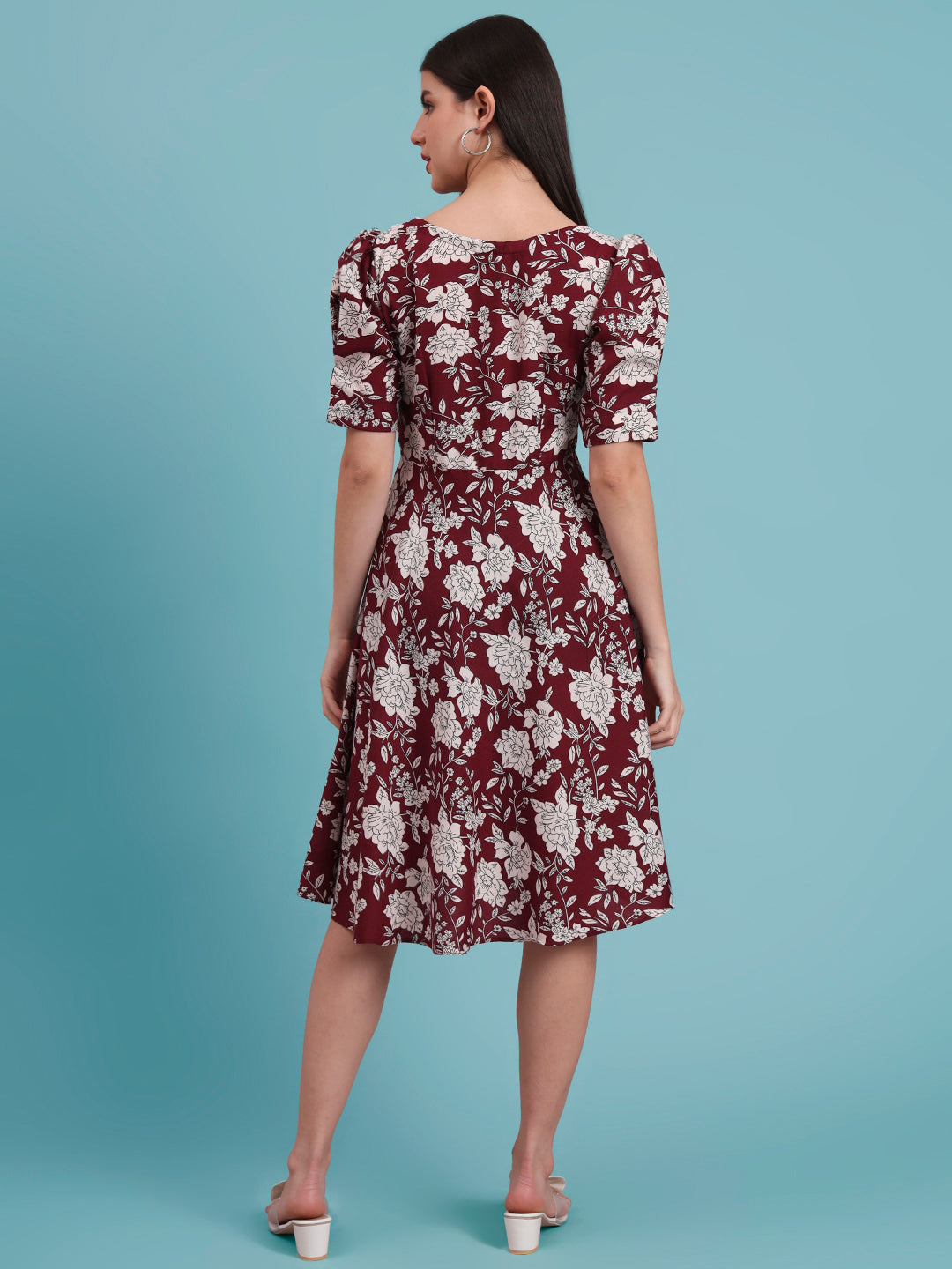 Puff Sleeves Cotton Knee Length Dress