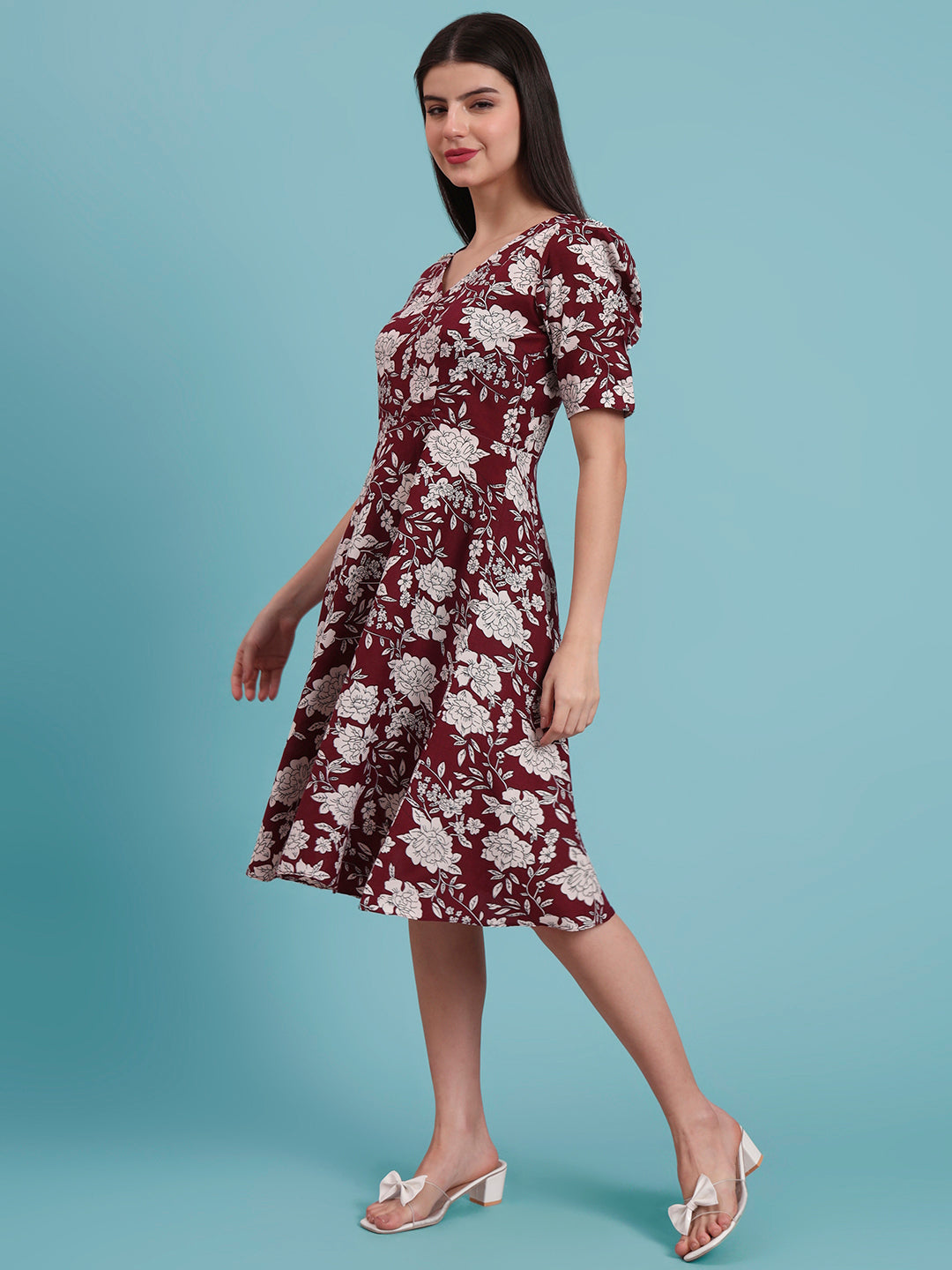 Puff Sleeves Cotton Knee Length Dress