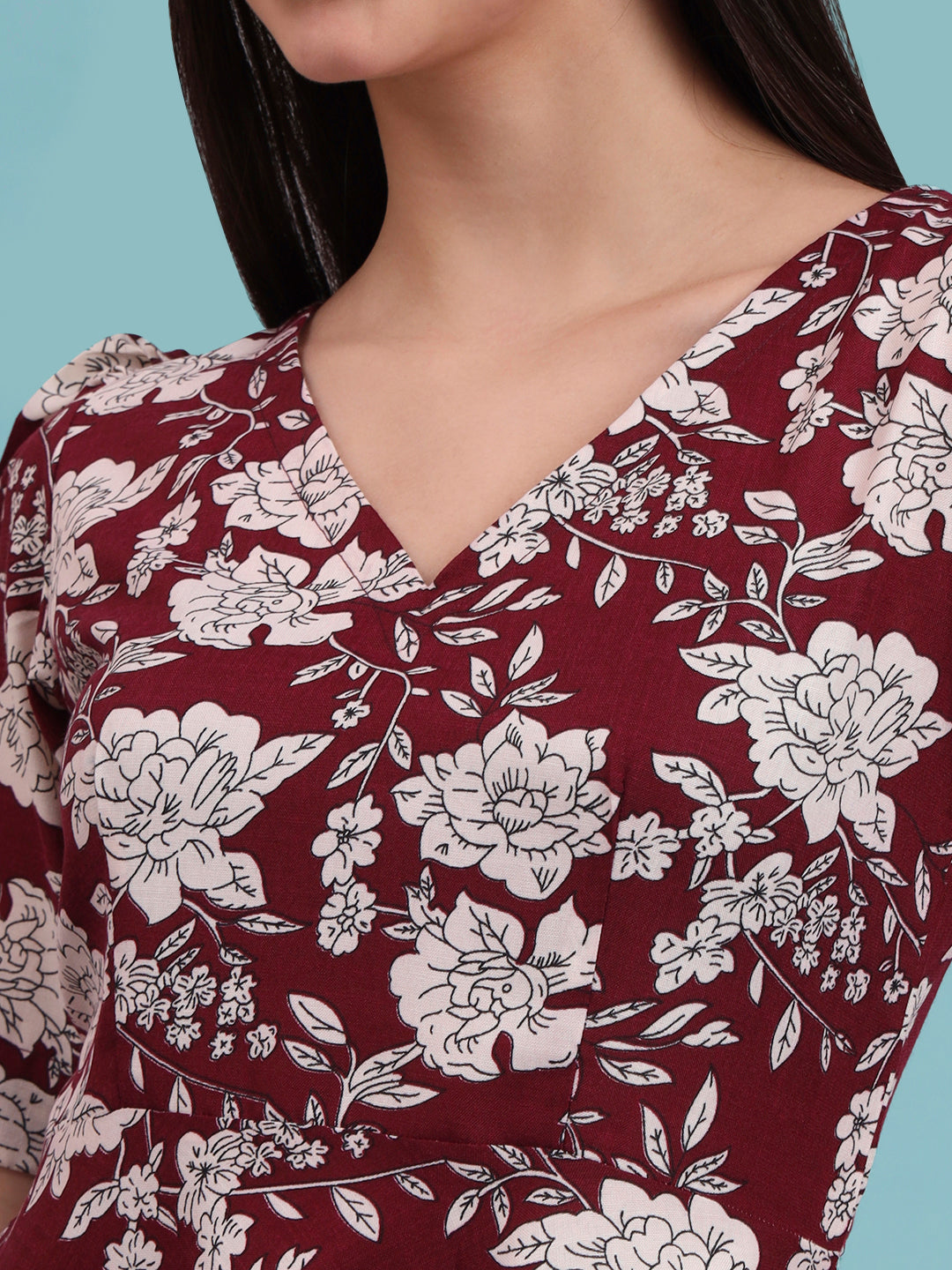 Puff Sleeves Cotton Knee Length Dress