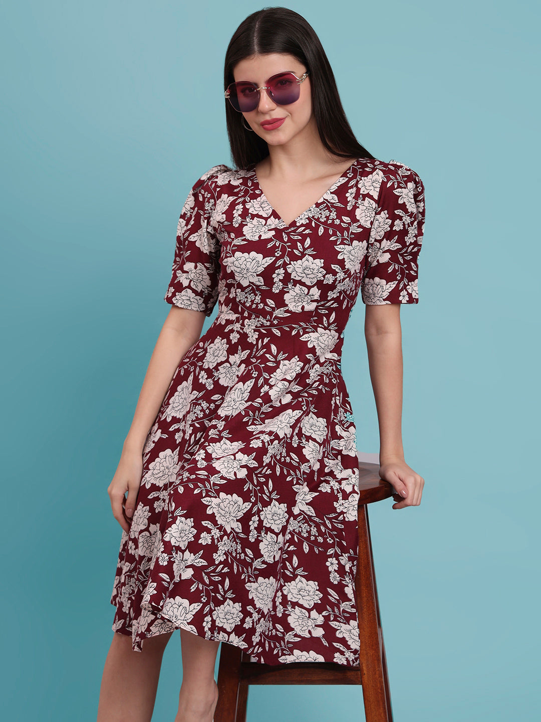 Puff Sleeves Cotton Knee Length Dress