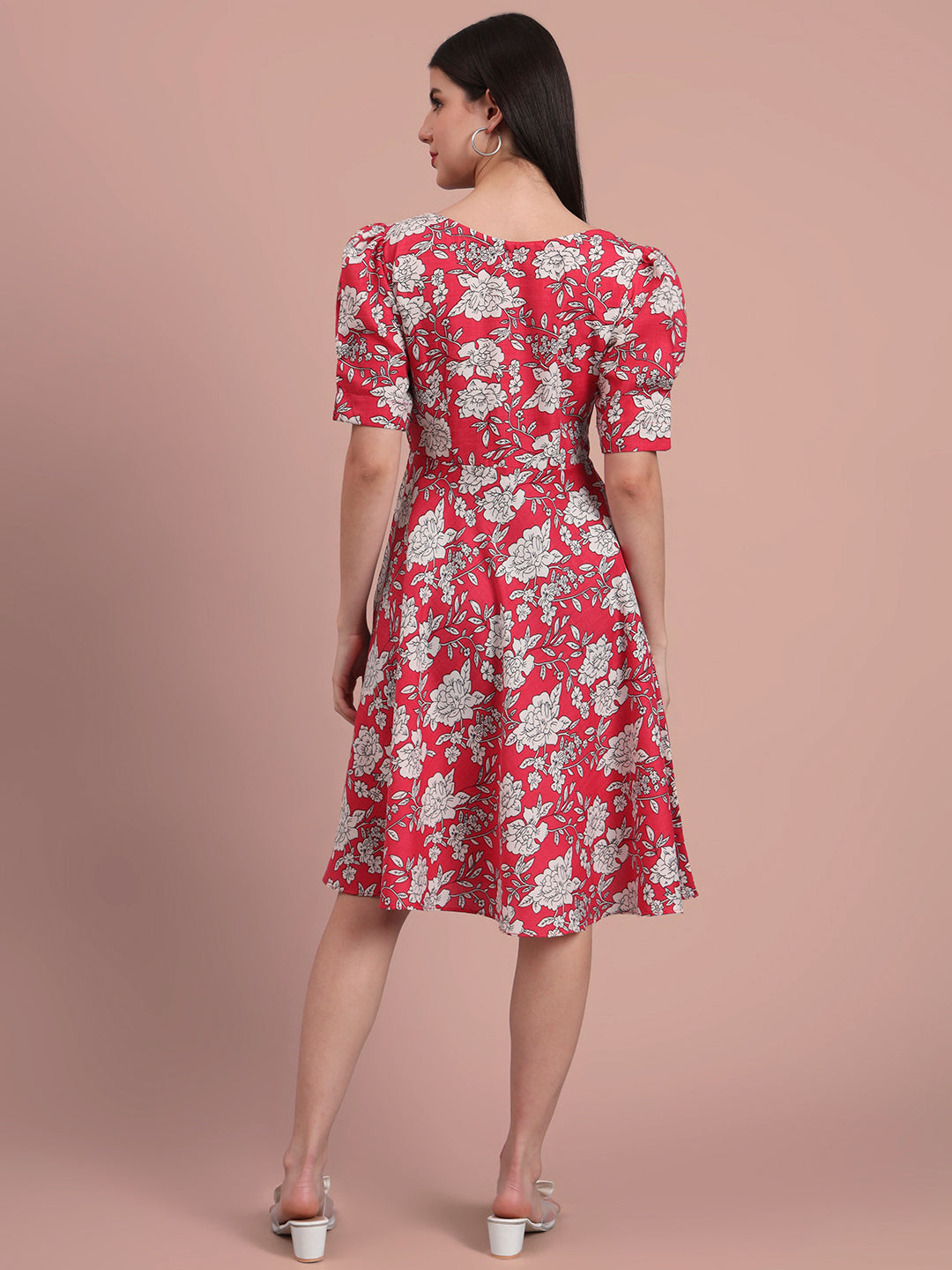 Puff Sleeves Cotton Knee Length Dress