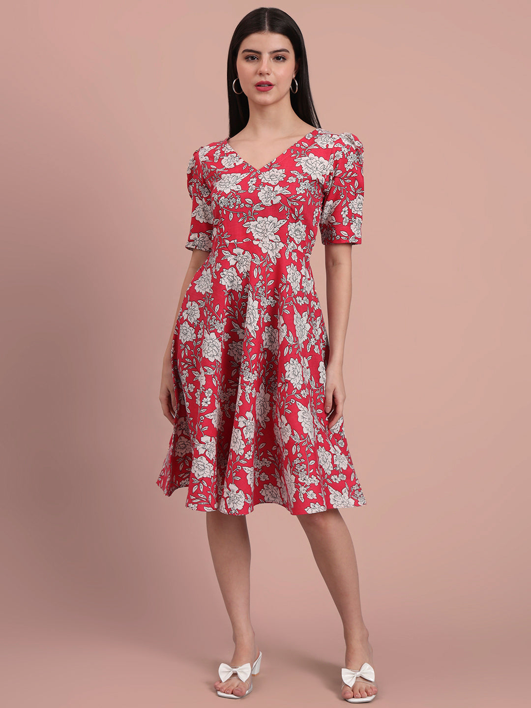 Puff Sleeves Cotton Knee Length Dress