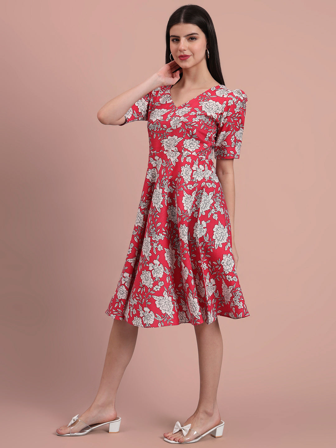 Puff Sleeves Cotton Knee Length Dress