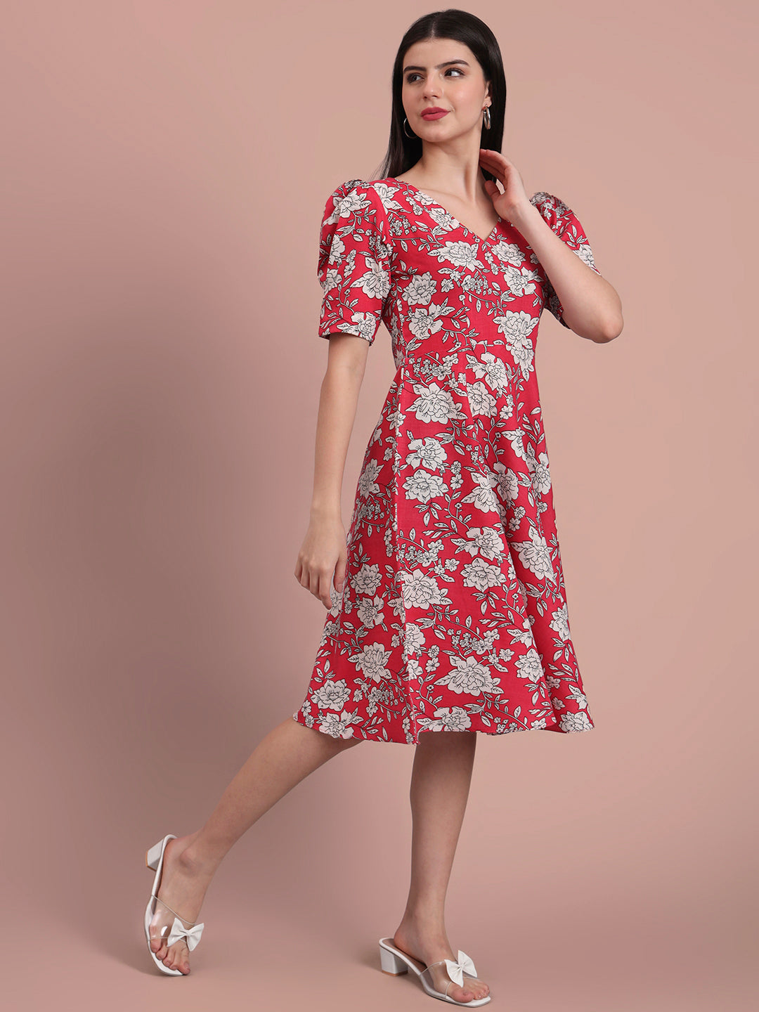 Puff Sleeves Cotton Knee Length Dress