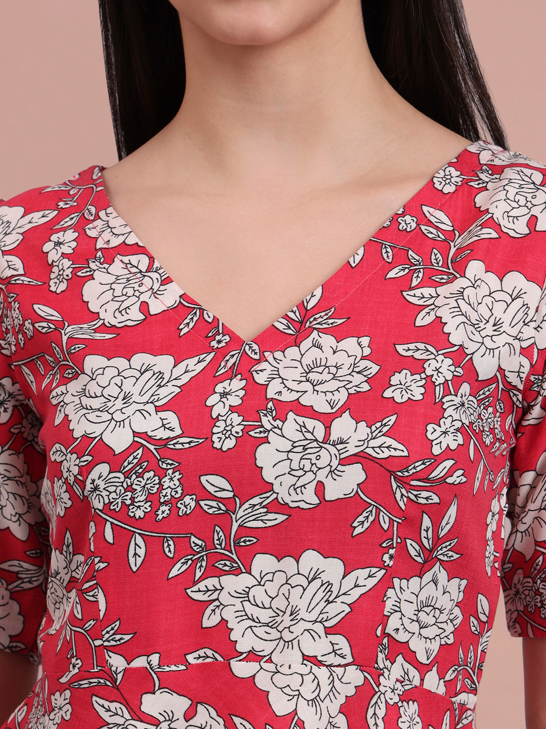 Puff Sleeves Cotton Knee Length Dress