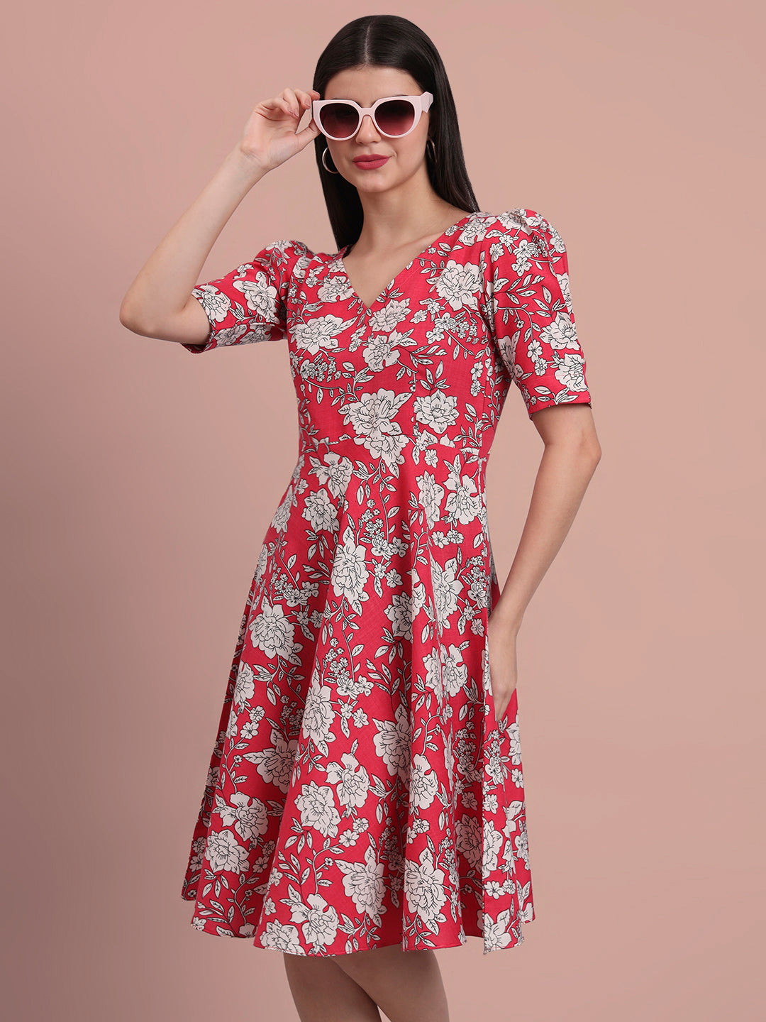 Puff Sleeves Cotton Knee Length Dress
