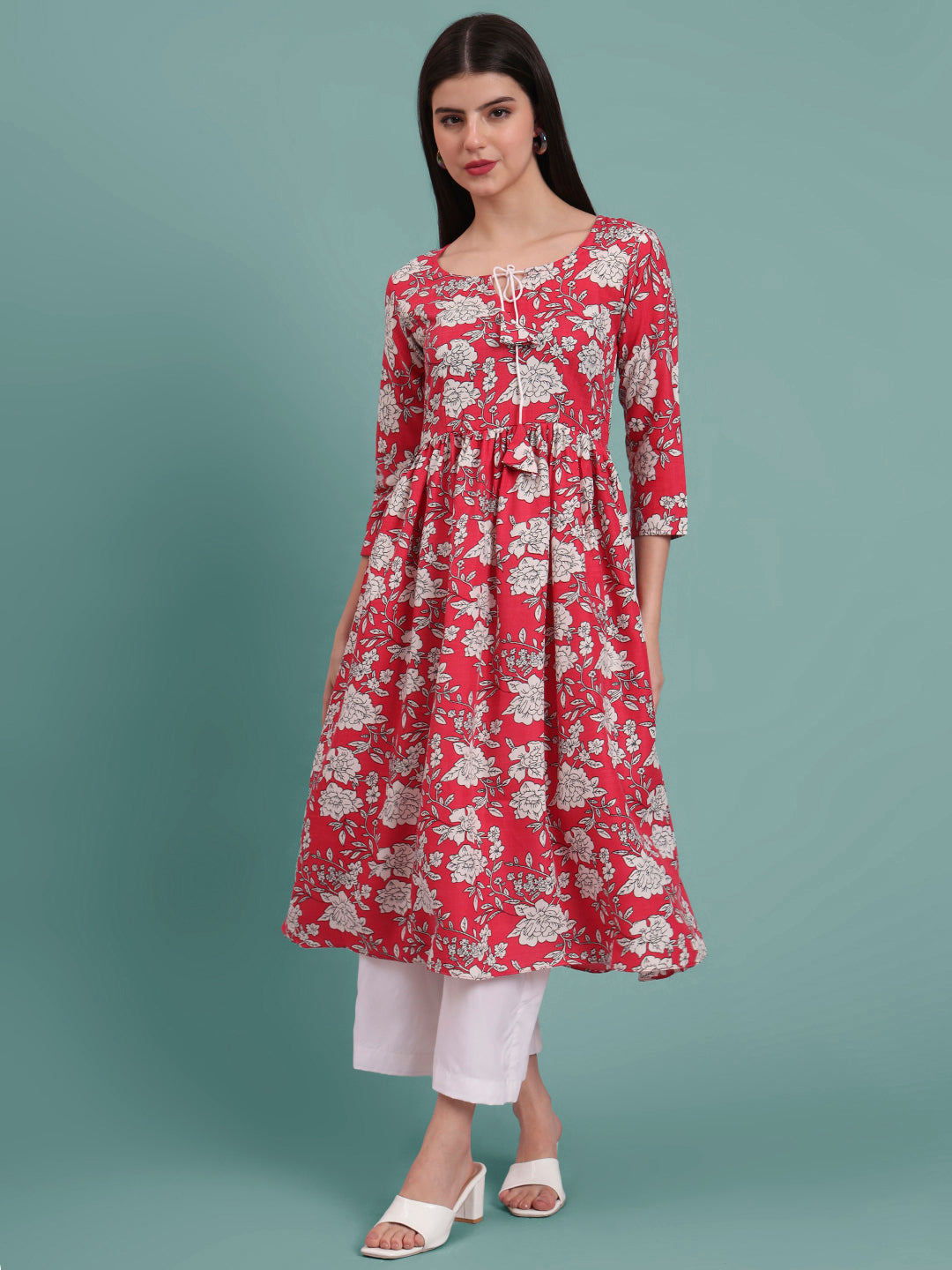 Floral Printed Tie-Up Neck A Line Pure Cotton Kurta With Palazo