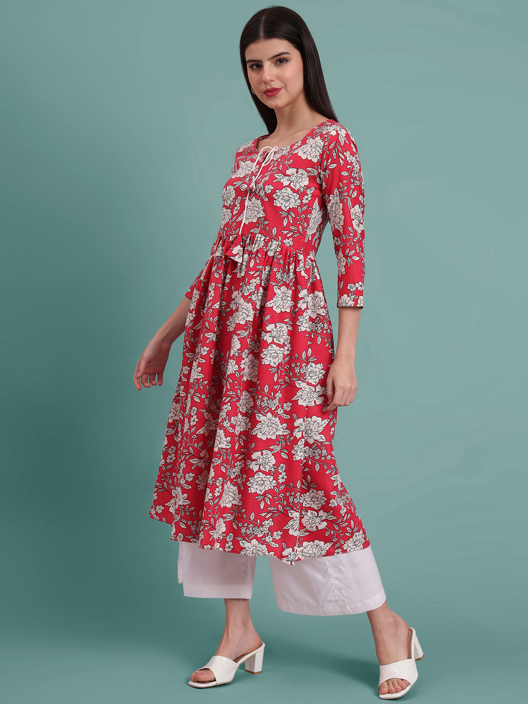 Floral Printed Tie-Up Neck A Line Pure Cotton Kurta With Palazo