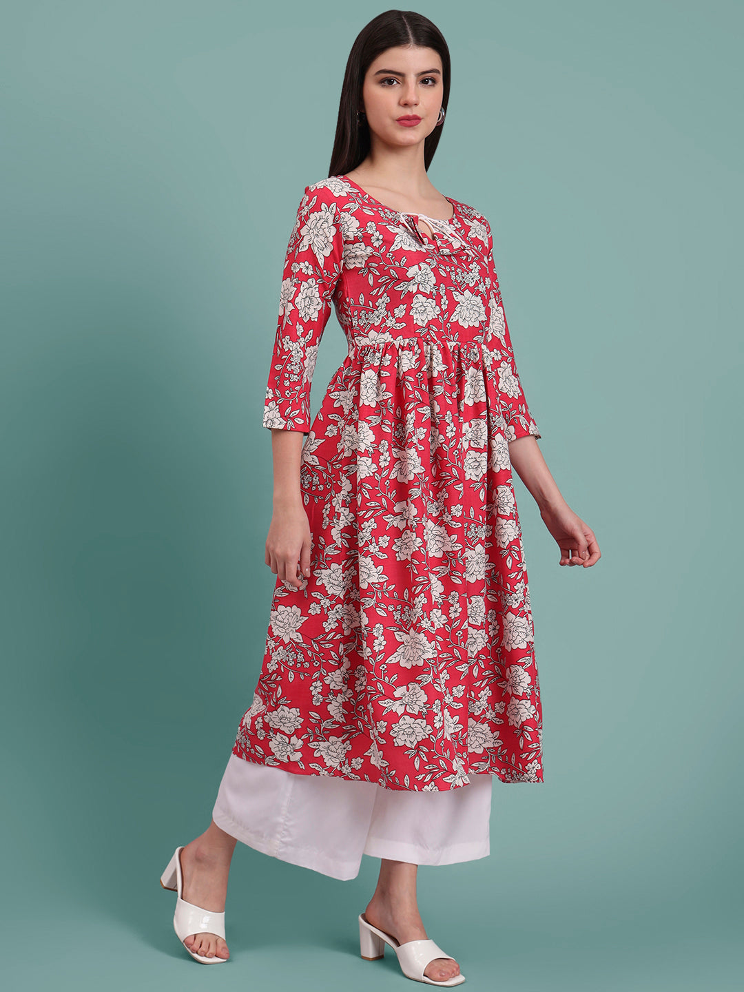 Floral Printed Tie-Up Neck A Line Pure Cotton Kurta With Palazo