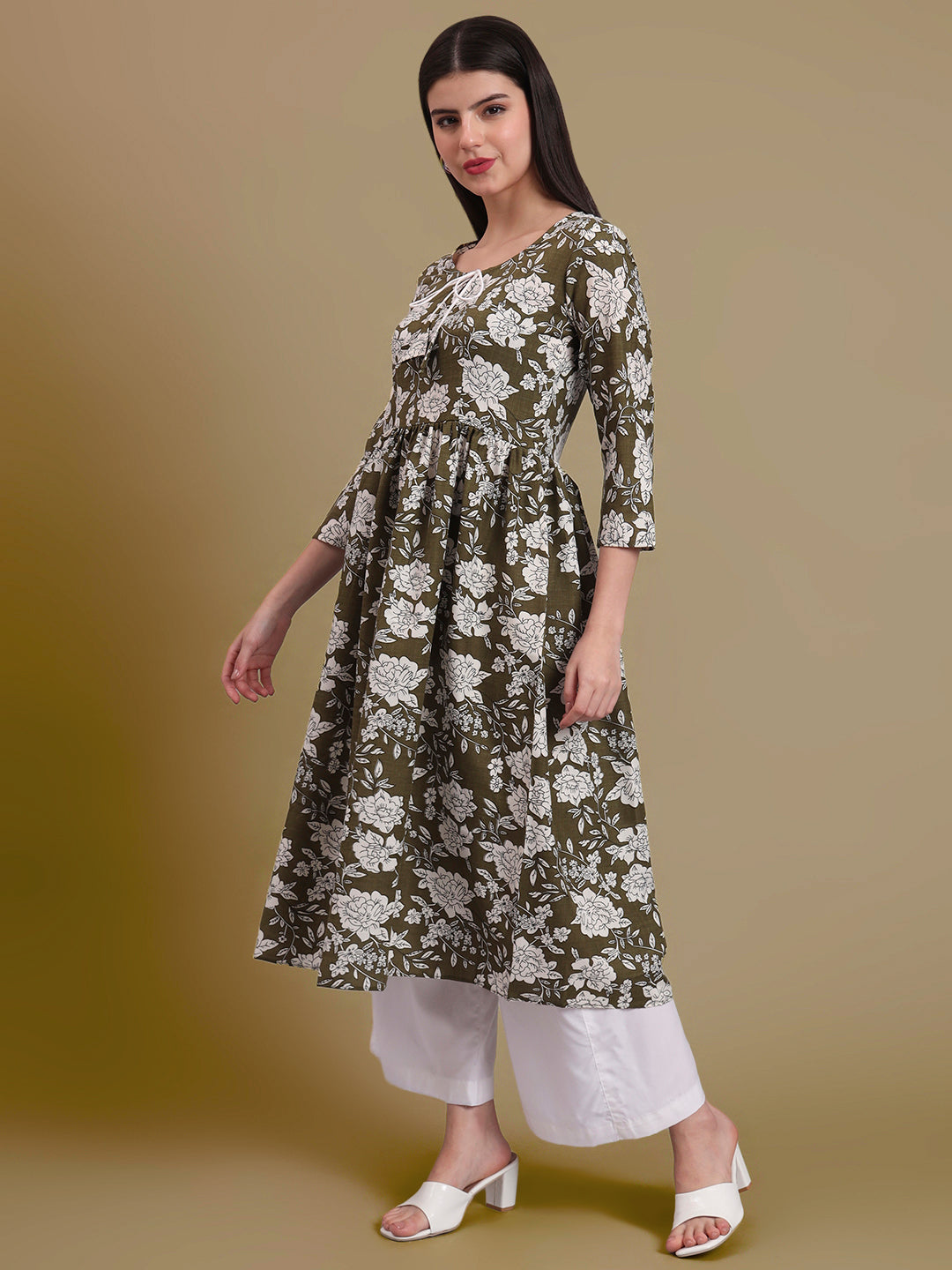 Floral Printed Tie-Up Neck A Line Pure Cotton Kurta With Palazo