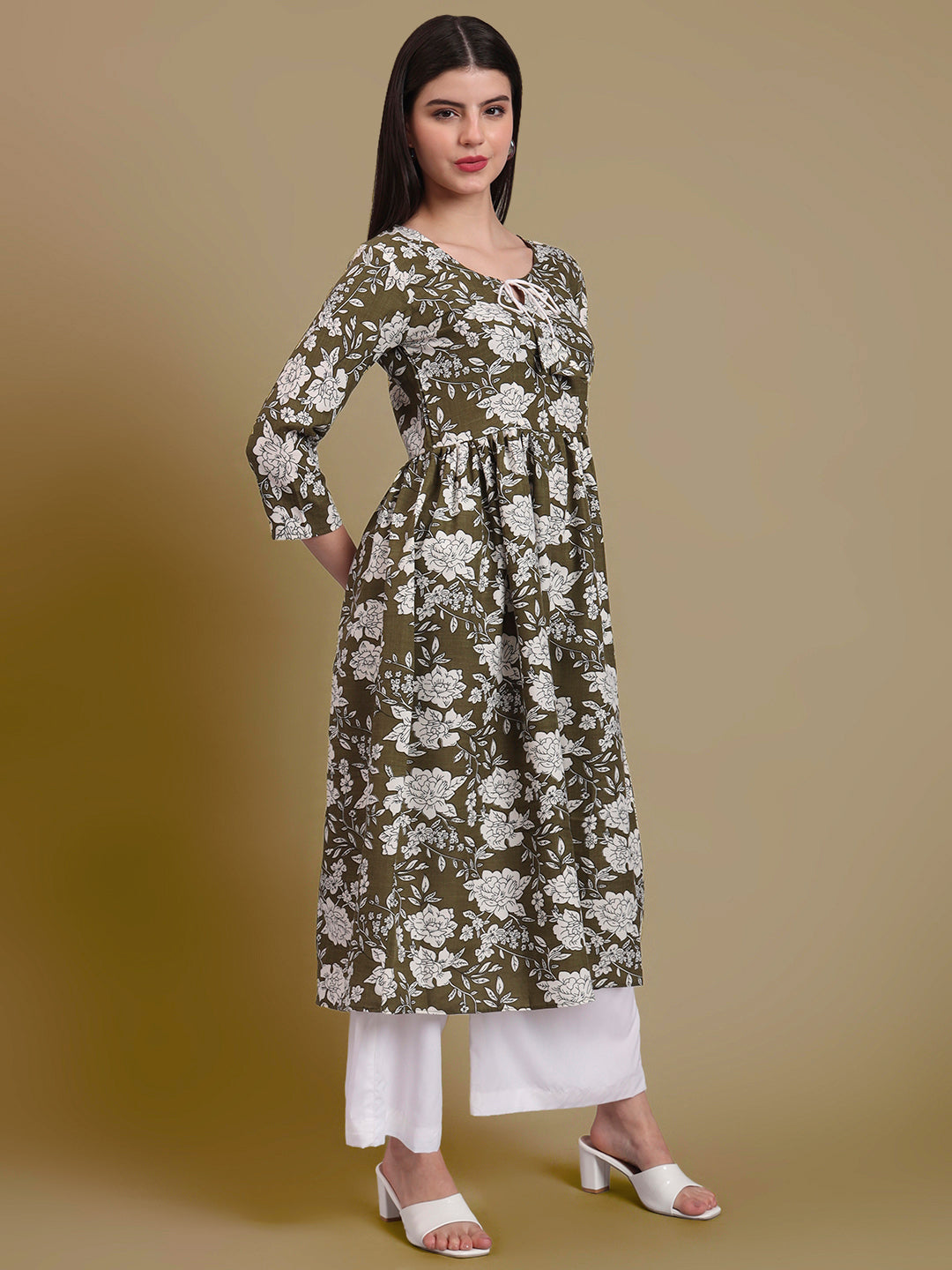 Floral Printed Tie-Up Neck A Line Pure Cotton Kurta With Palazo