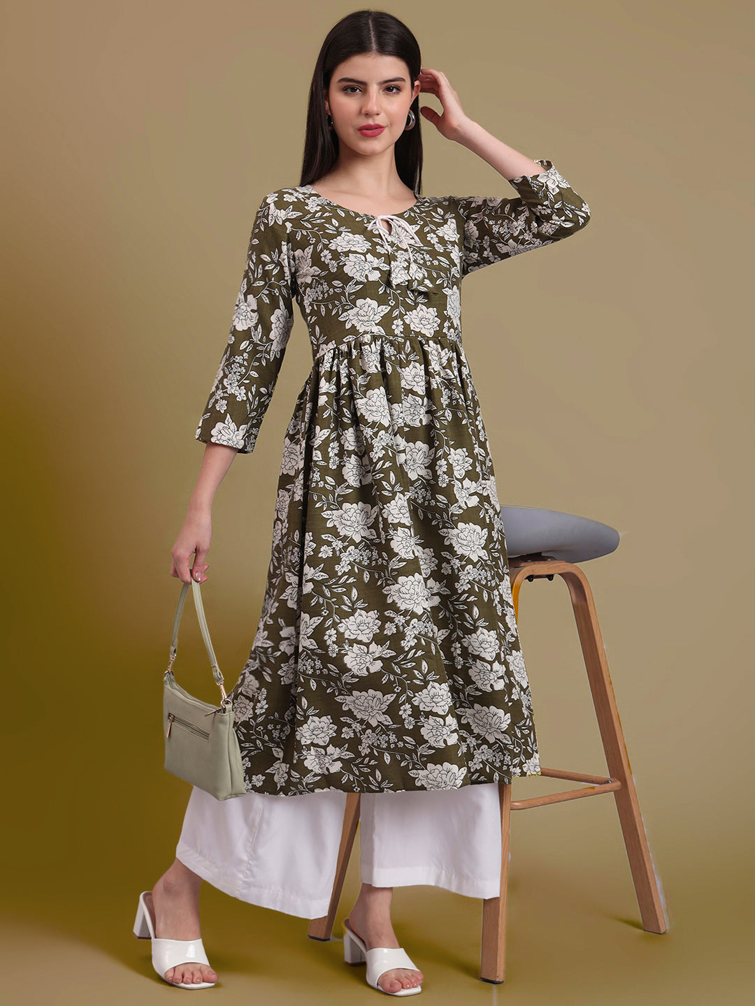 Floral Printed Tie-Up Neck A Line Pure Cotton Kurta With Palazo