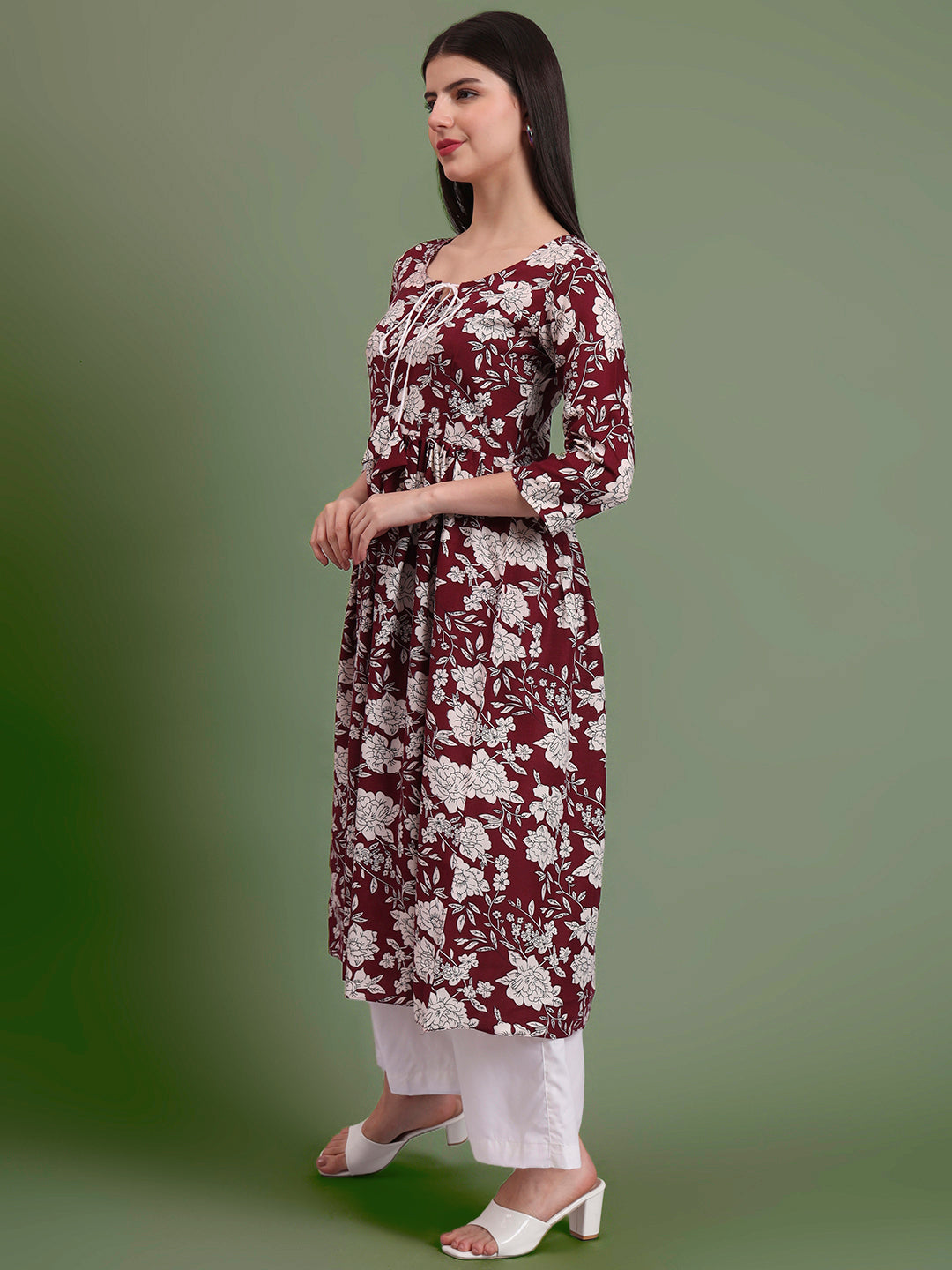 Floral Printed Tie-Up Neck A Line Pure Cotton Kurta With Palazo
