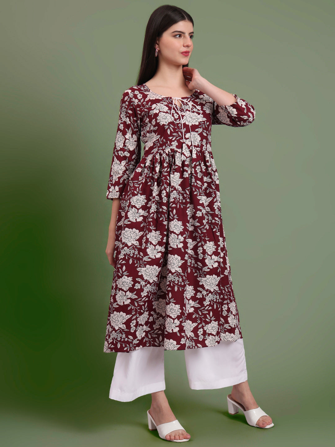 Floral Printed Tie-Up Neck A Line Pure Cotton Kurta With Palazo