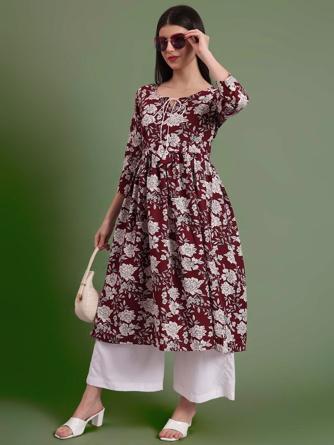 Floral Printed Tie-Up Neck A Line Pure Cotton Kurta With Palazo