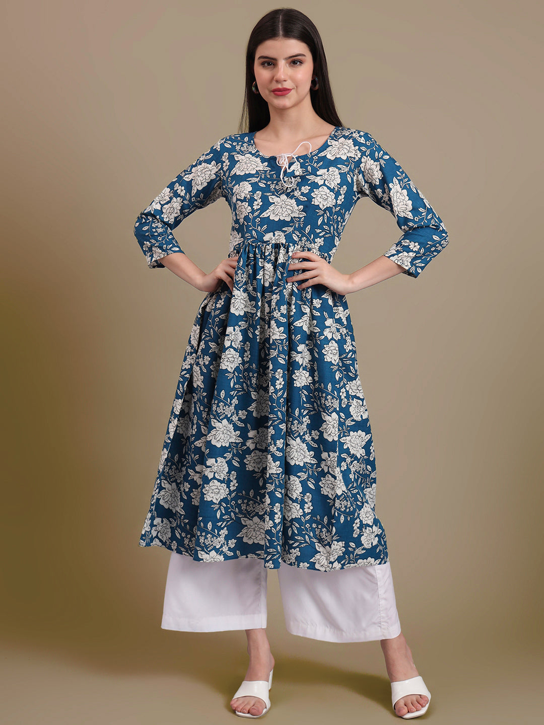 Floral Printed Tie-Up Neck A Line Pure Cotton Kurta With Palazo