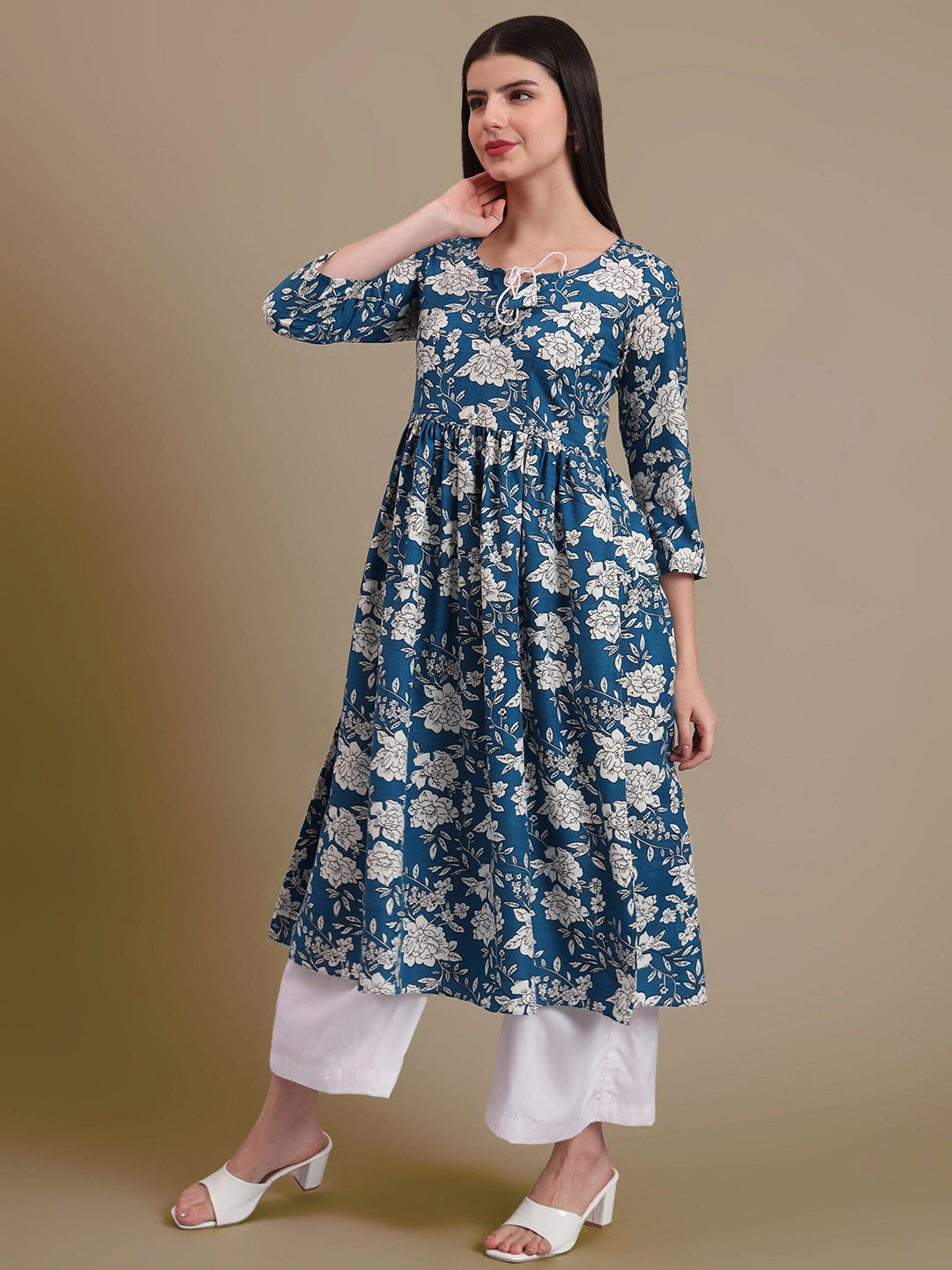 Floral Printed Tie-Up Neck A Line Pure Cotton Kurta With Palazo