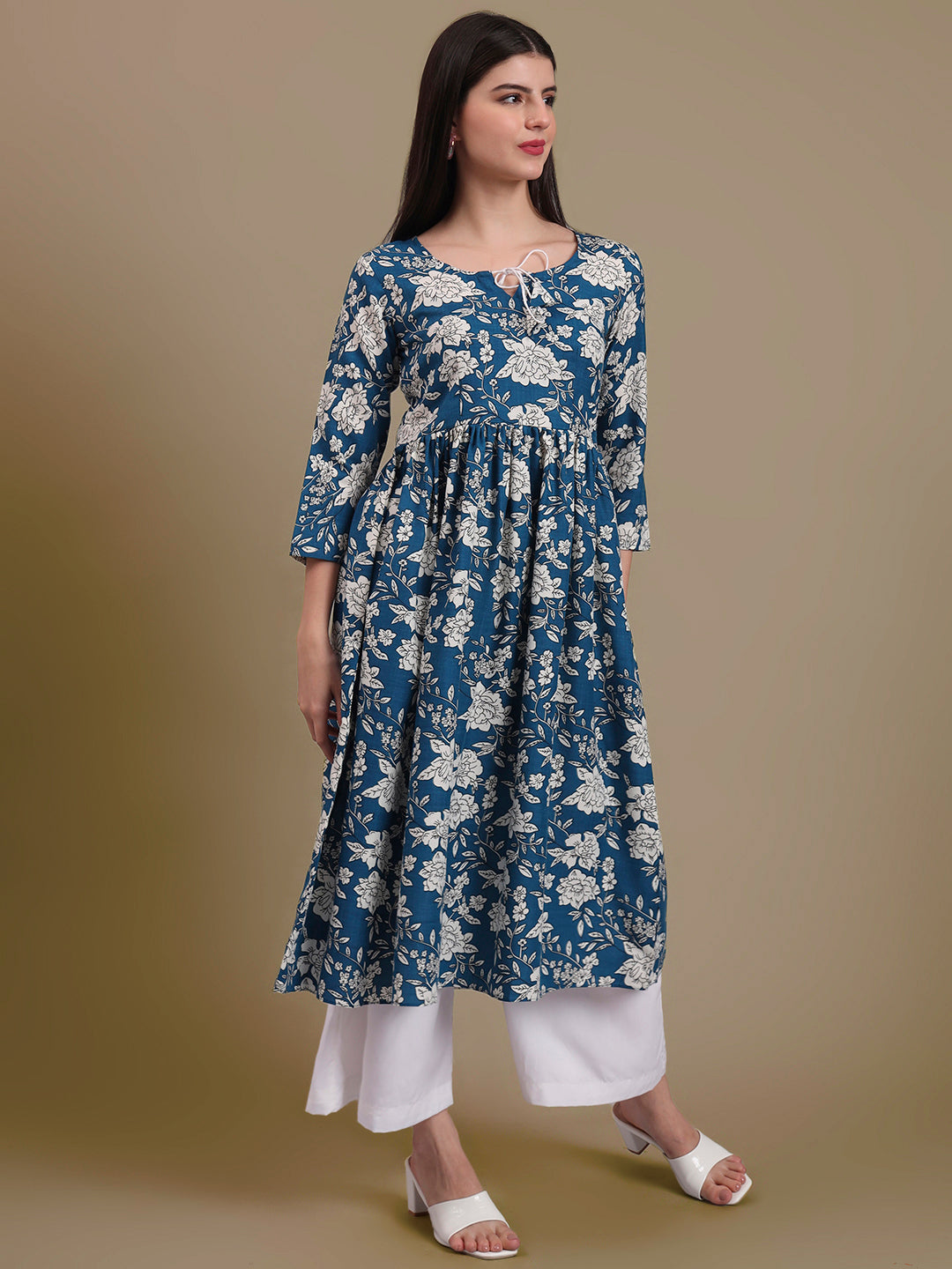 Floral Printed Tie-Up Neck A Line Pure Cotton Kurta With Palazo