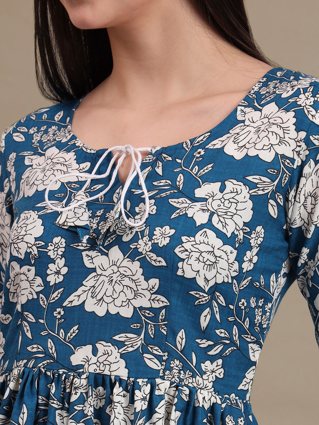Floral Printed Tie-Up Neck A Line Pure Cotton Kurta With Palazo