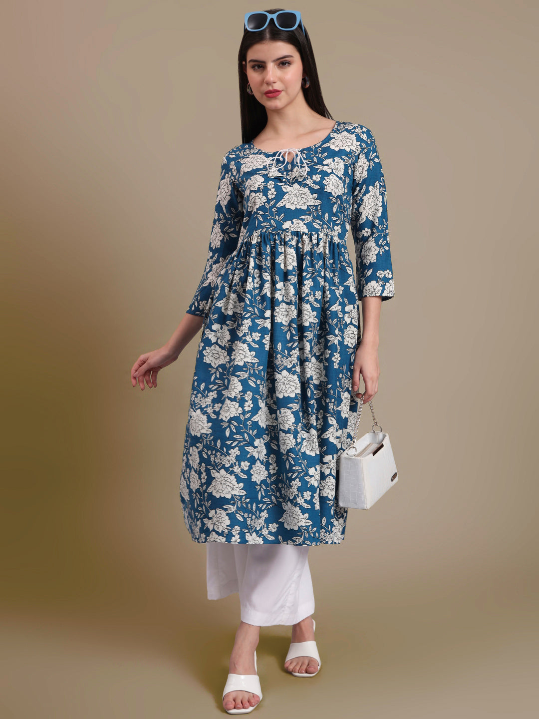 Floral Printed Tie-Up Neck A Line Pure Cotton Kurta With Palazo