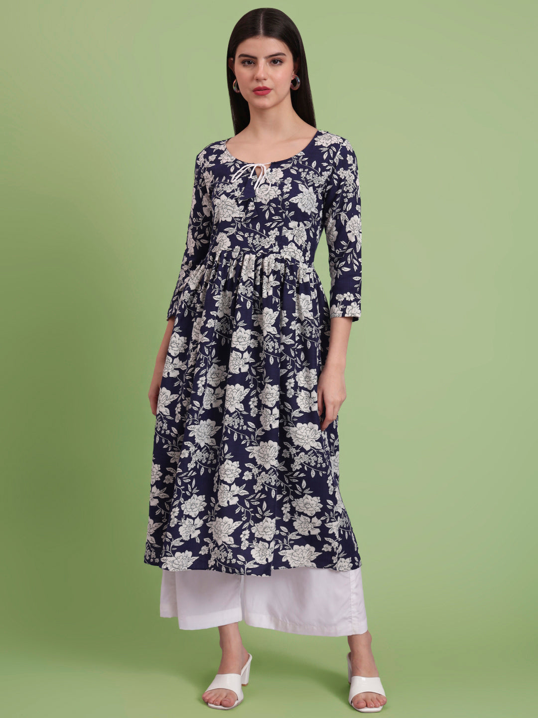 Floral Printed Tie-Up Neck A Line Pure Cotton Kurta With Palazo