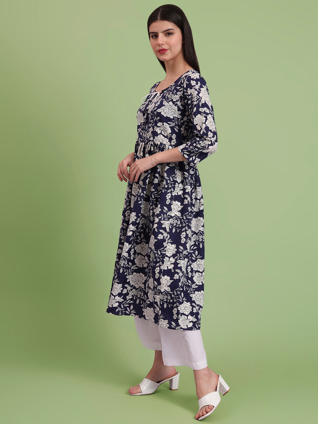 Floral Printed Tie-Up Neck A Line Pure Cotton Kurta With Palazo