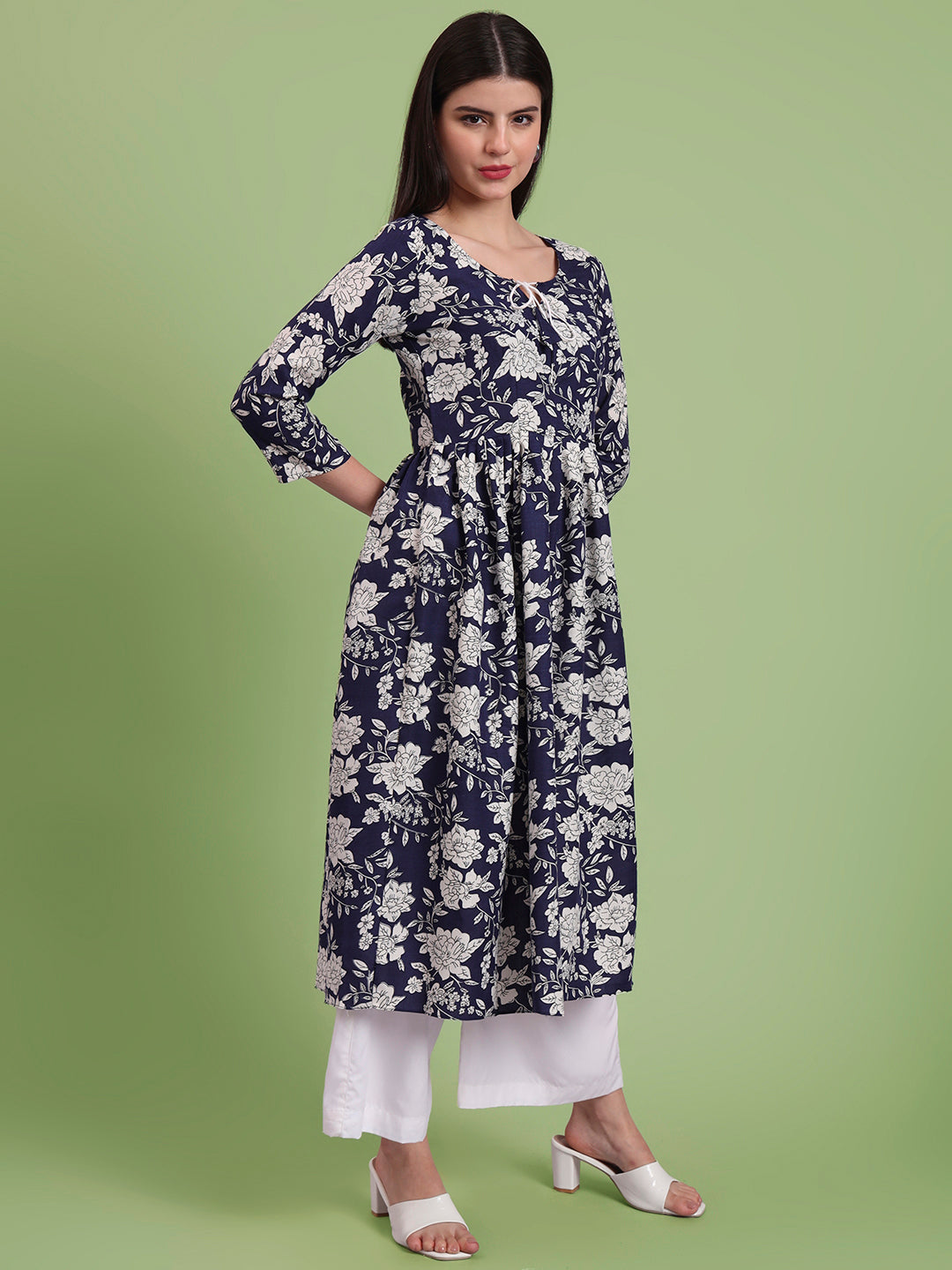 Floral Printed Tie-Up Neck A Line Pure Cotton Kurta With Palazo