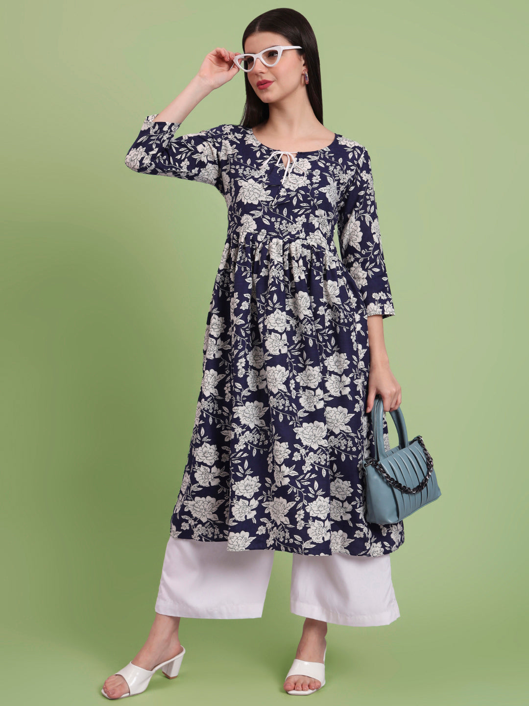 Floral Printed Tie-Up Neck A Line Pure Cotton Kurta With Palazo