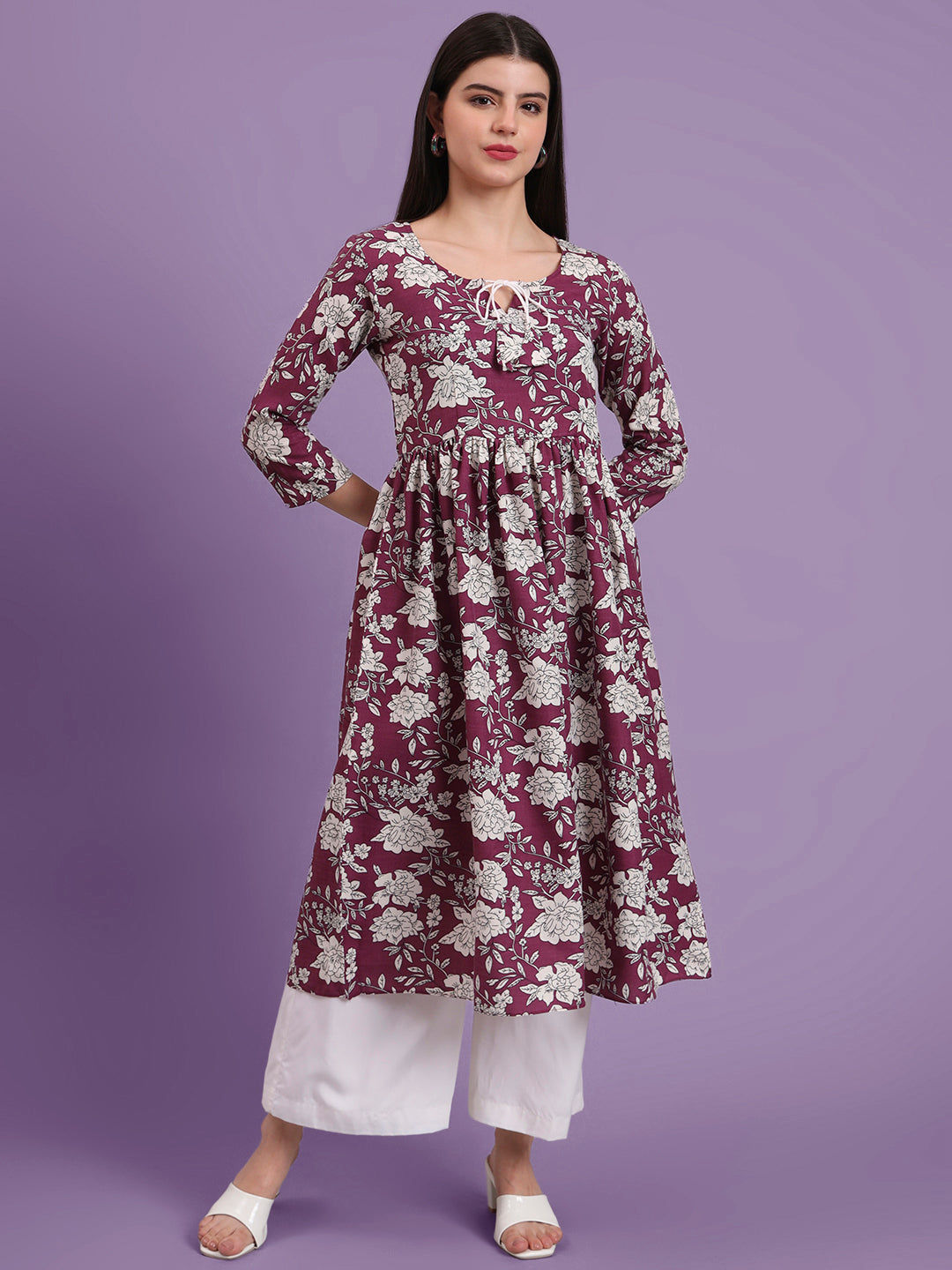 Floral Printed Tie-Up Neck A Line Pure Cotton Kurta With Palazo