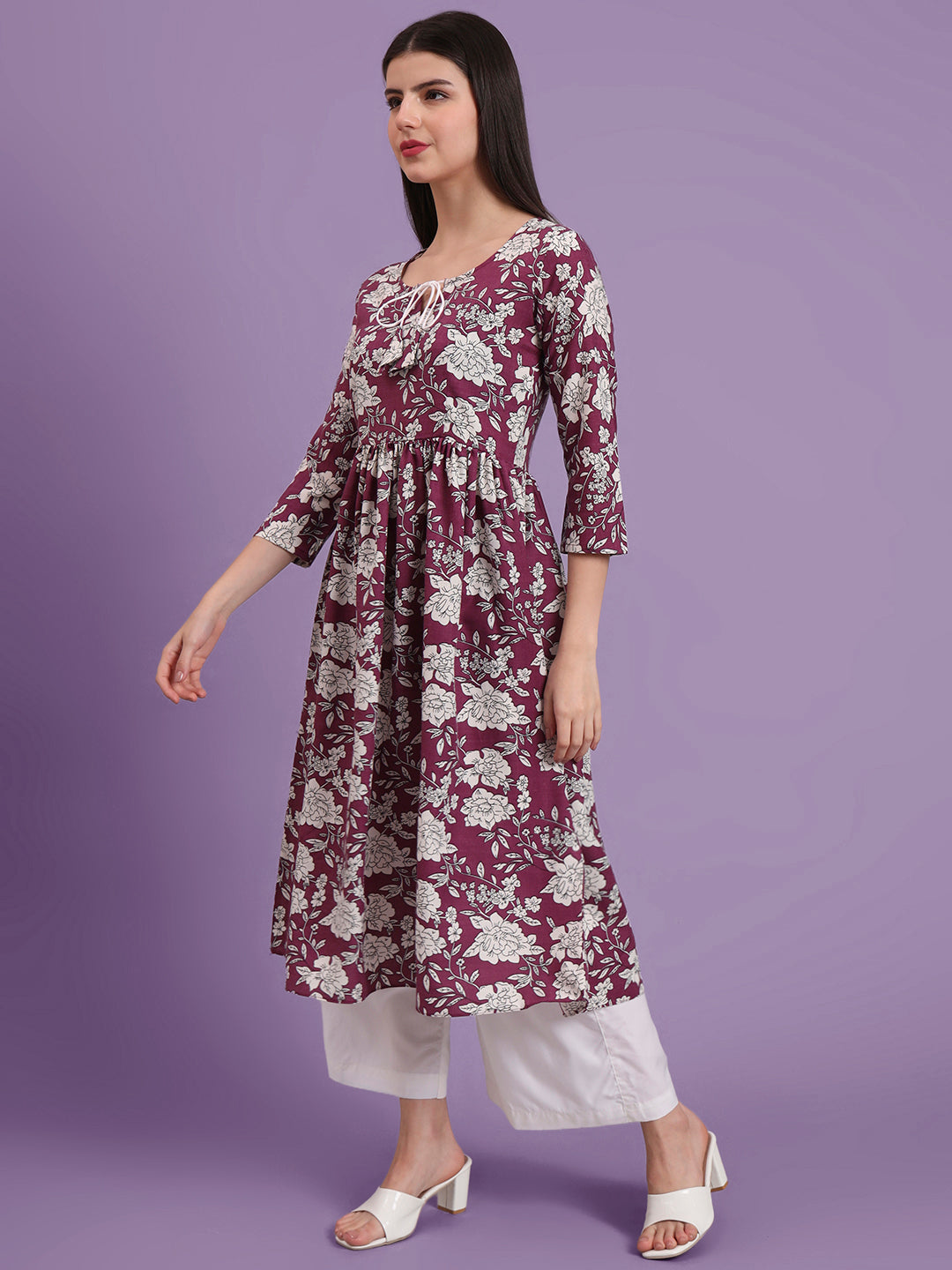 Floral Printed Tie-Up Neck A Line Pure Cotton Kurta With Palazo