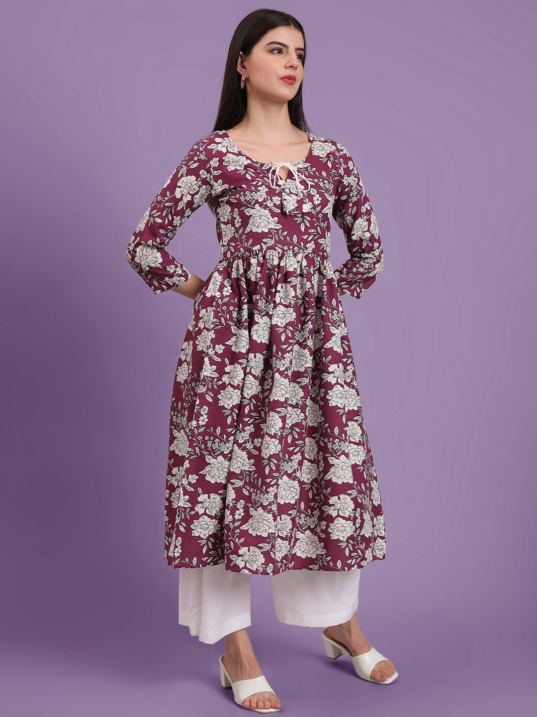 Floral Printed Tie-Up Neck A Line Pure Cotton Kurta With Palazo