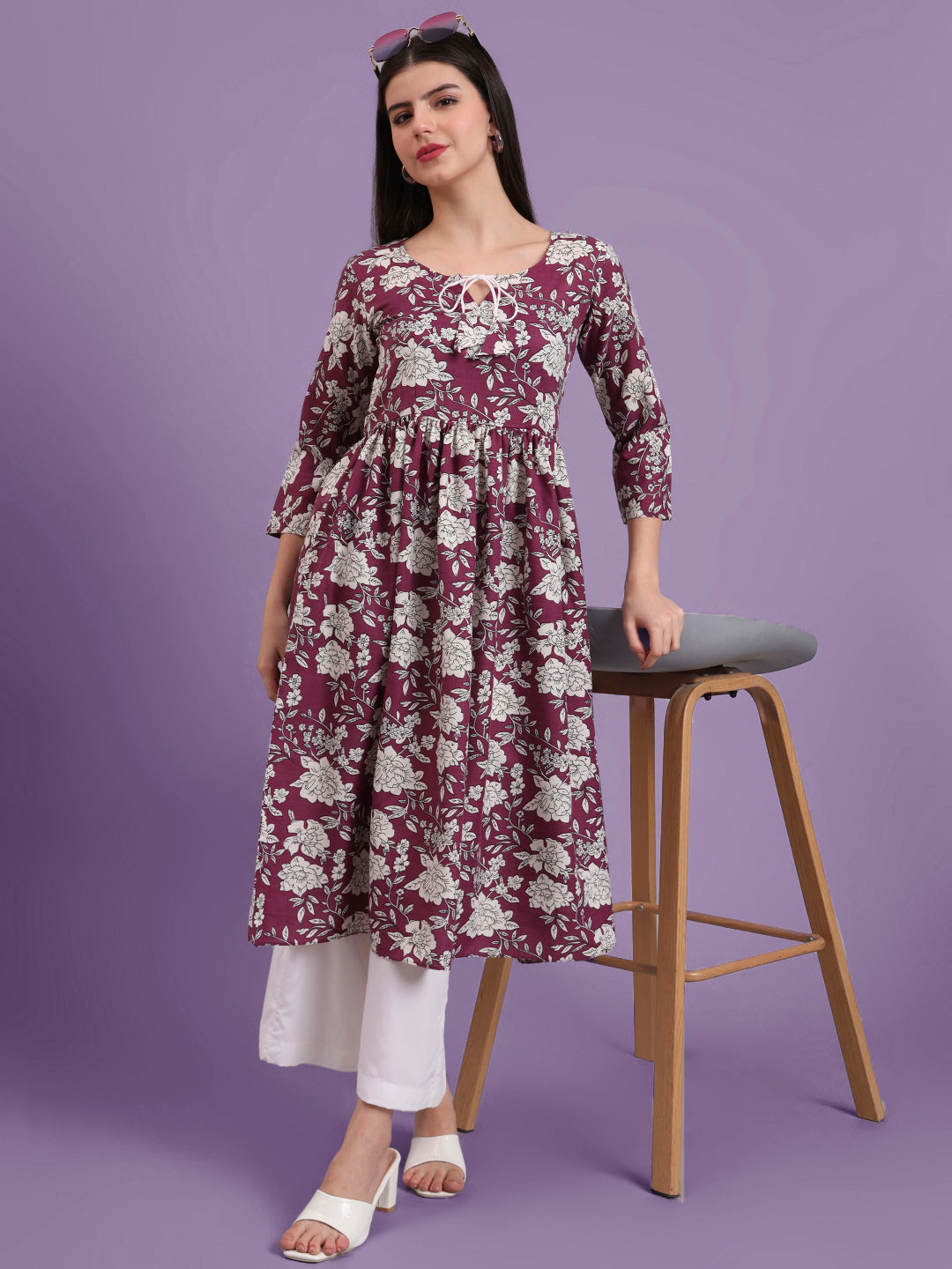 Floral Printed Tie-Up Neck A Line Pure Cotton Kurta With Palazo