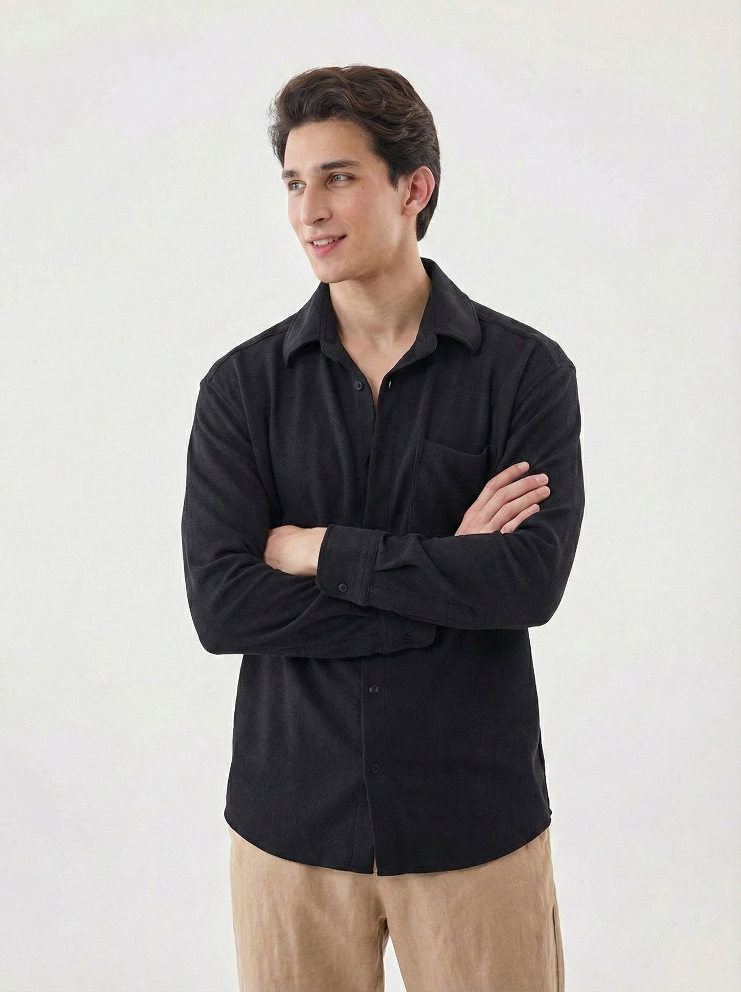 Men's Solid Black Lycra Casual Button-Down Shirt