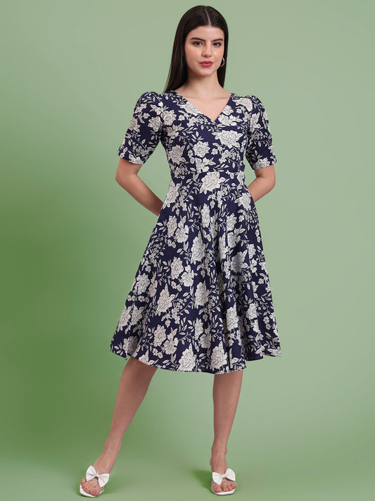 Puff Sleeves Cotton Knee Length Dress