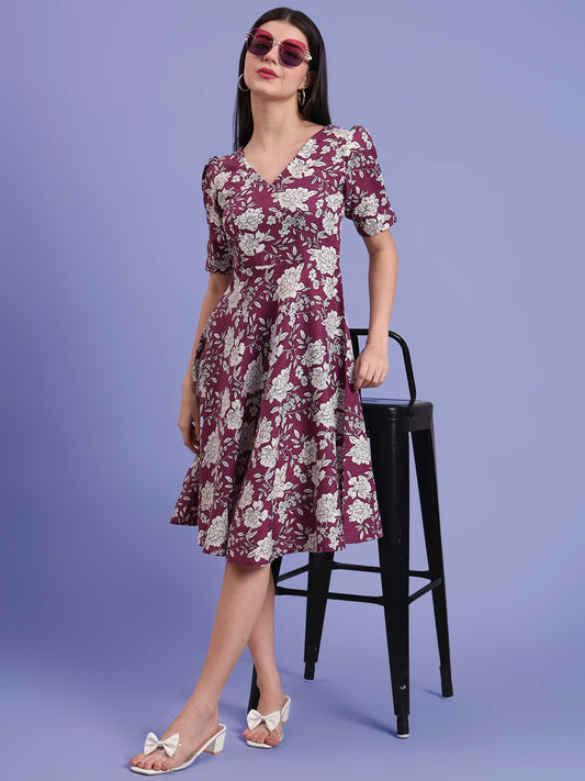 Puff Sleeves Cotton Knee Length Dress