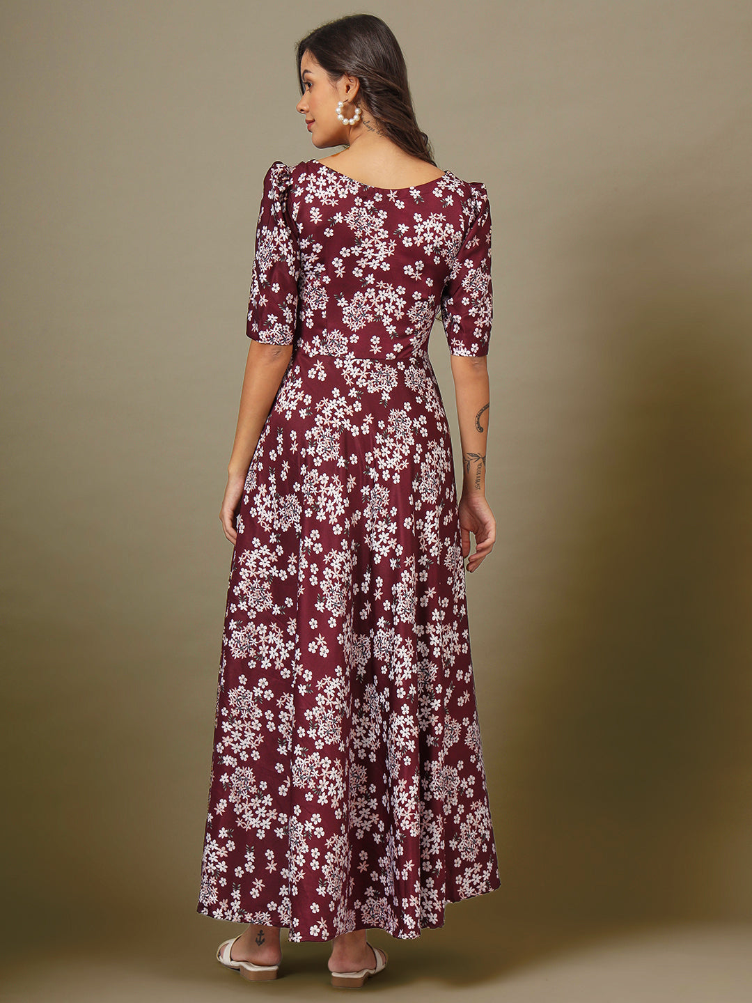 Puff Sleeves Ankle Length Flared Dress